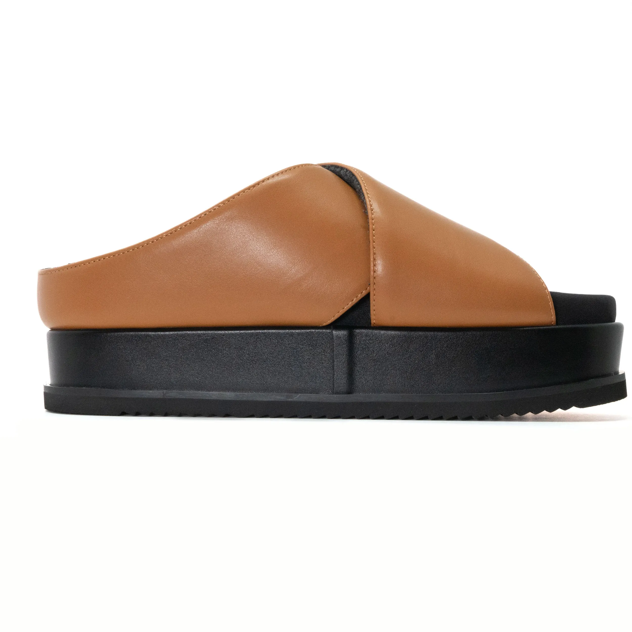 ROAM CROSS STACK PLATFORM SANDALS COGNAC VEGAN LEATHER