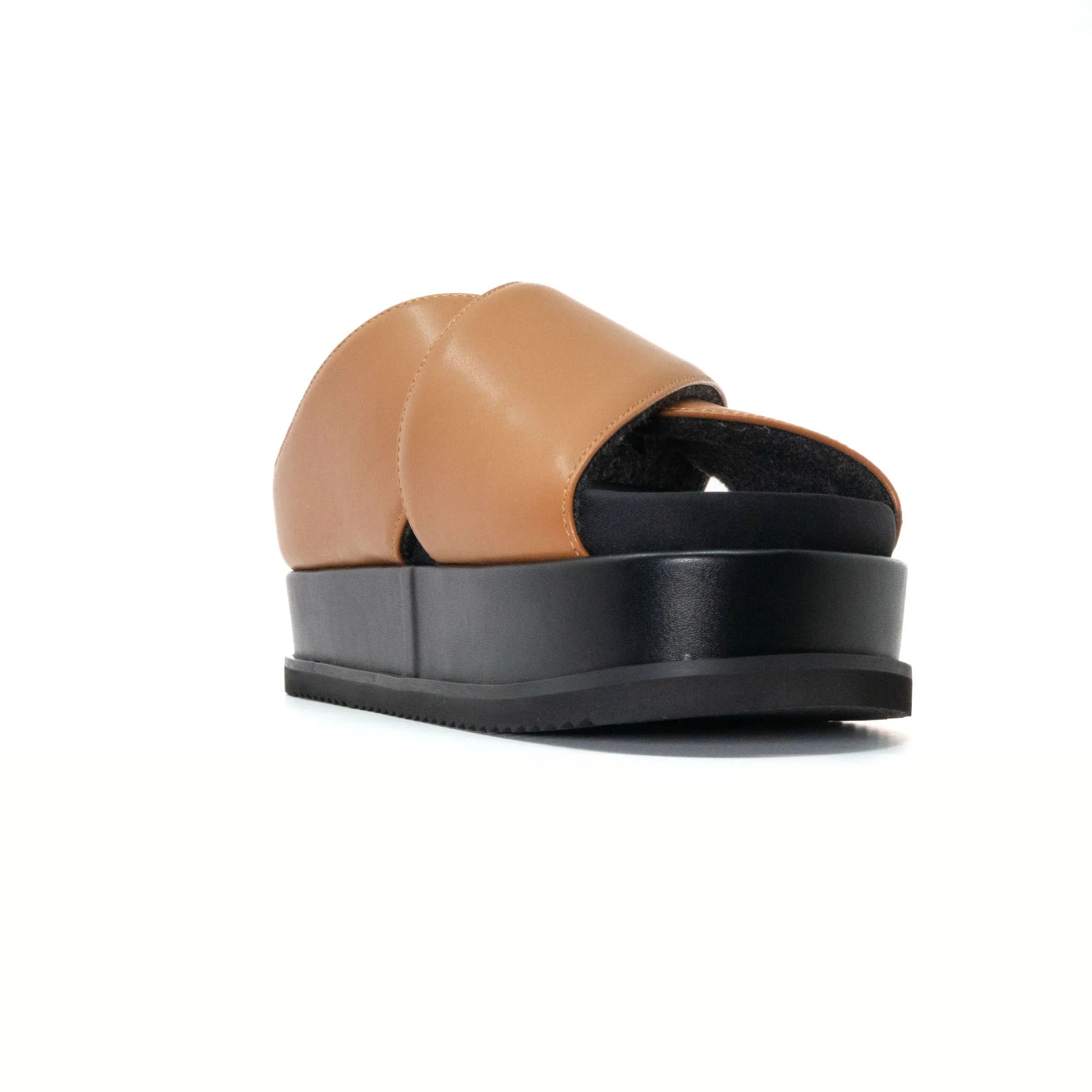 ROAM CROSS STACK PLATFORM SANDALS COGNAC VEGAN LEATHER