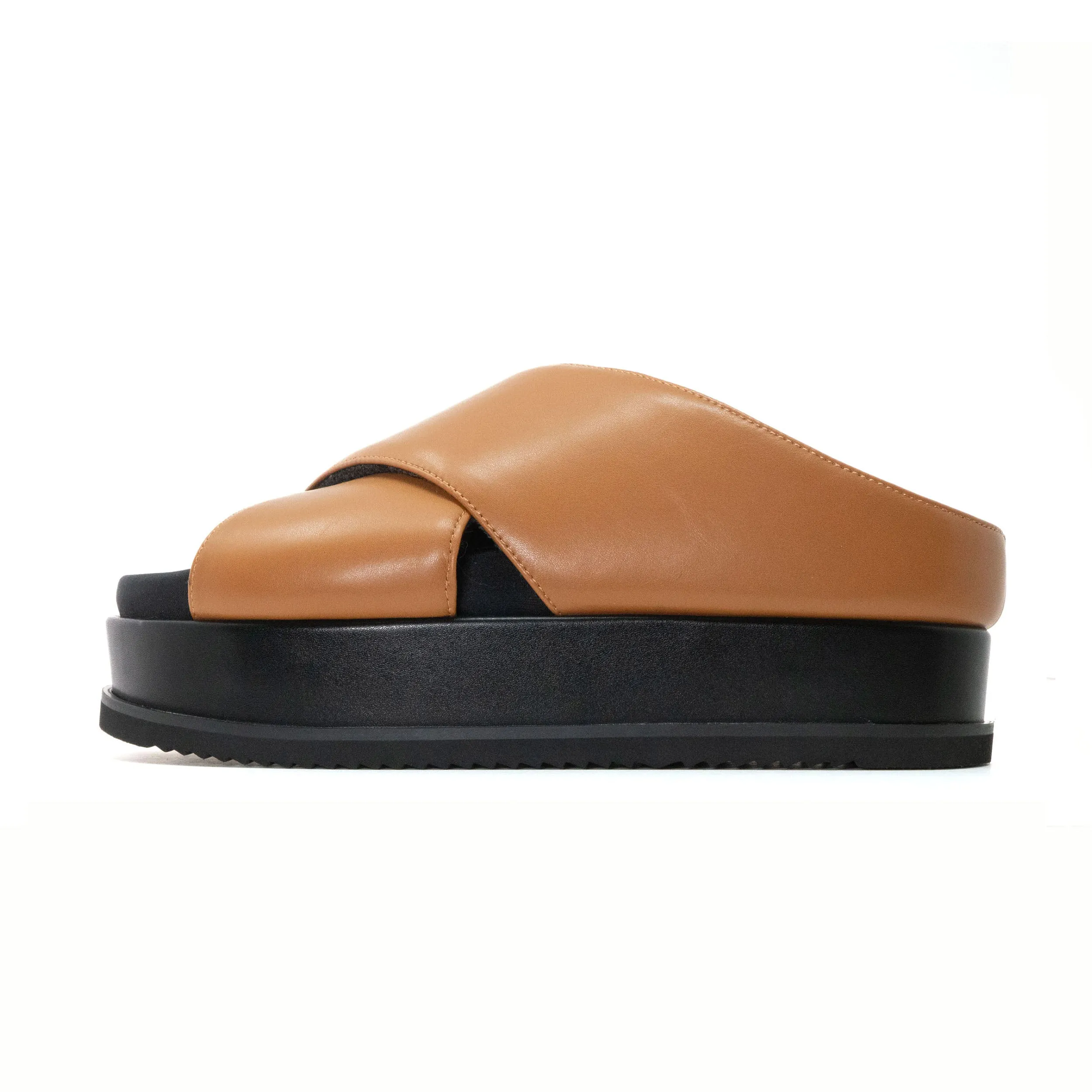 ROAM CROSS STACK PLATFORM SANDALS COGNAC VEGAN LEATHER