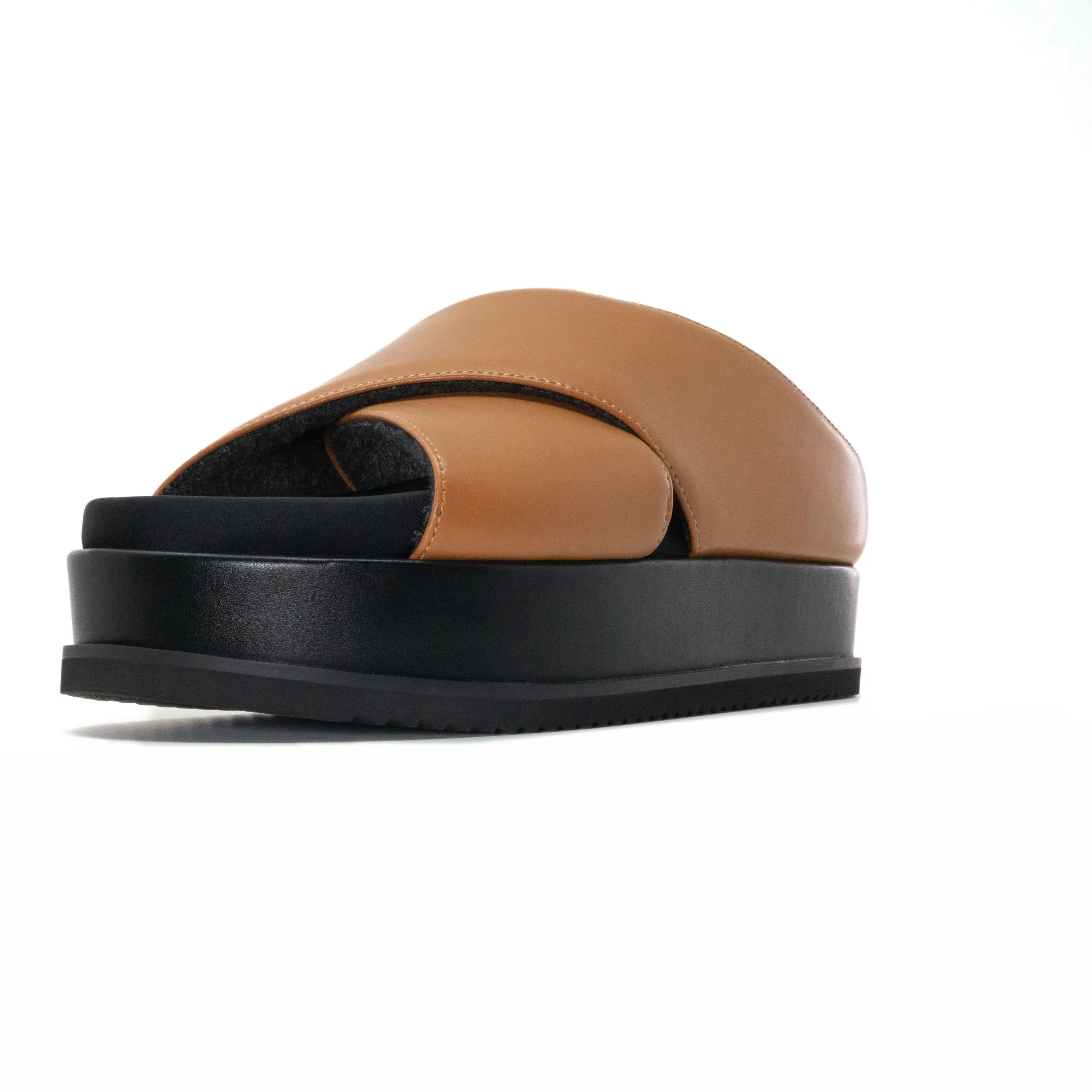 ROAM CROSS STACK PLATFORM SANDALS COGNAC VEGAN LEATHER
