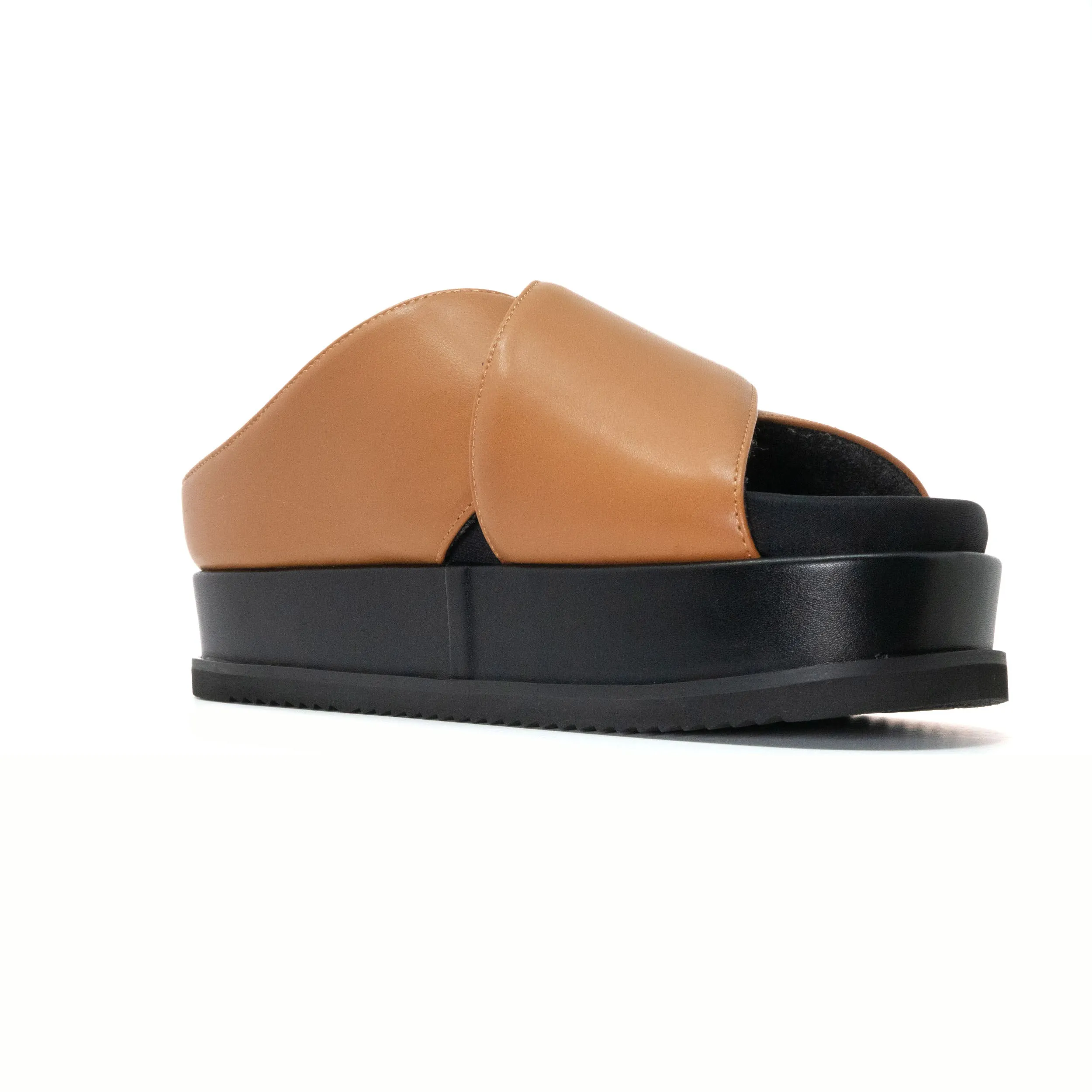 ROAM CROSS STACK PLATFORM SANDALS COGNAC VEGAN LEATHER