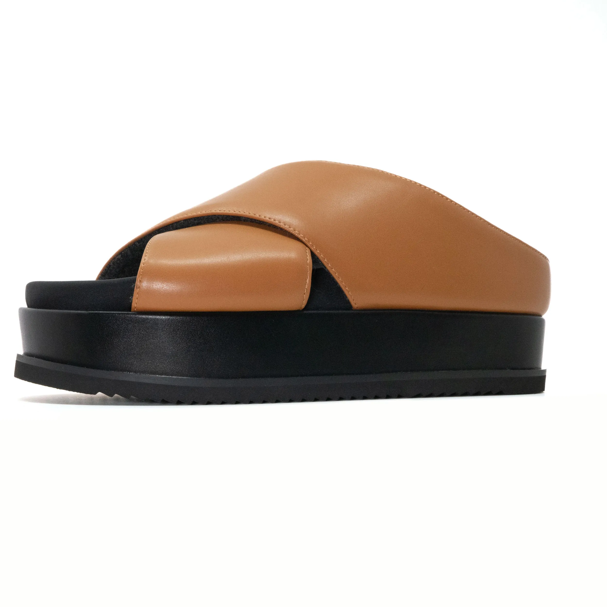 ROAM CROSS STACK PLATFORM SANDALS COGNAC VEGAN LEATHER