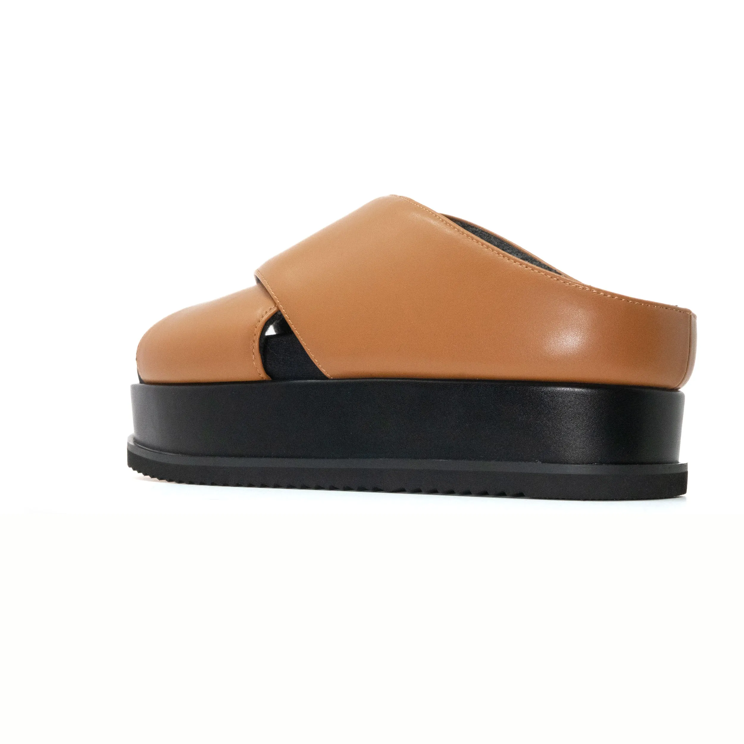 ROAM CROSS STACK PLATFORM SANDALS COGNAC VEGAN LEATHER