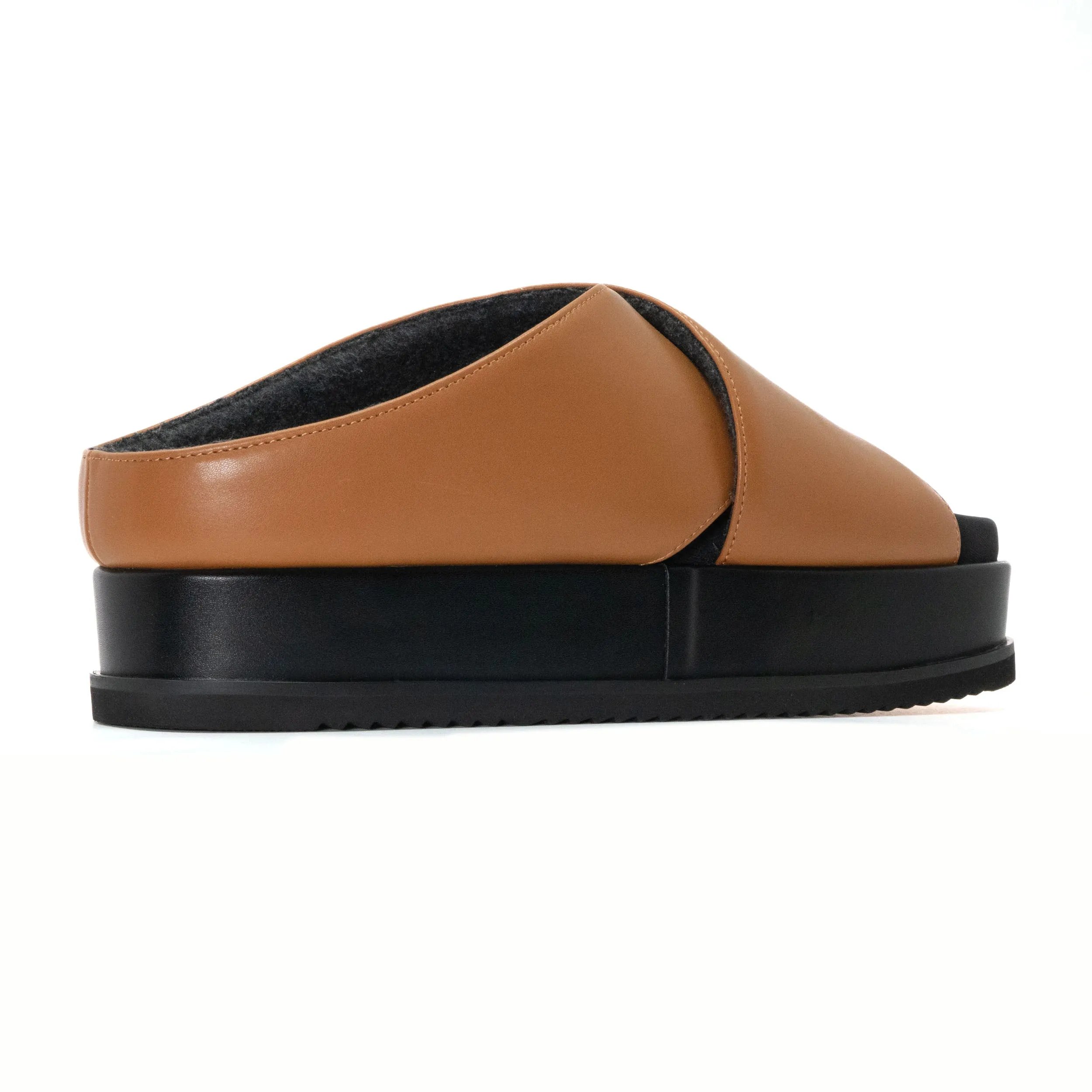 ROAM CROSS STACK PLATFORM SANDALS COGNAC VEGAN LEATHER