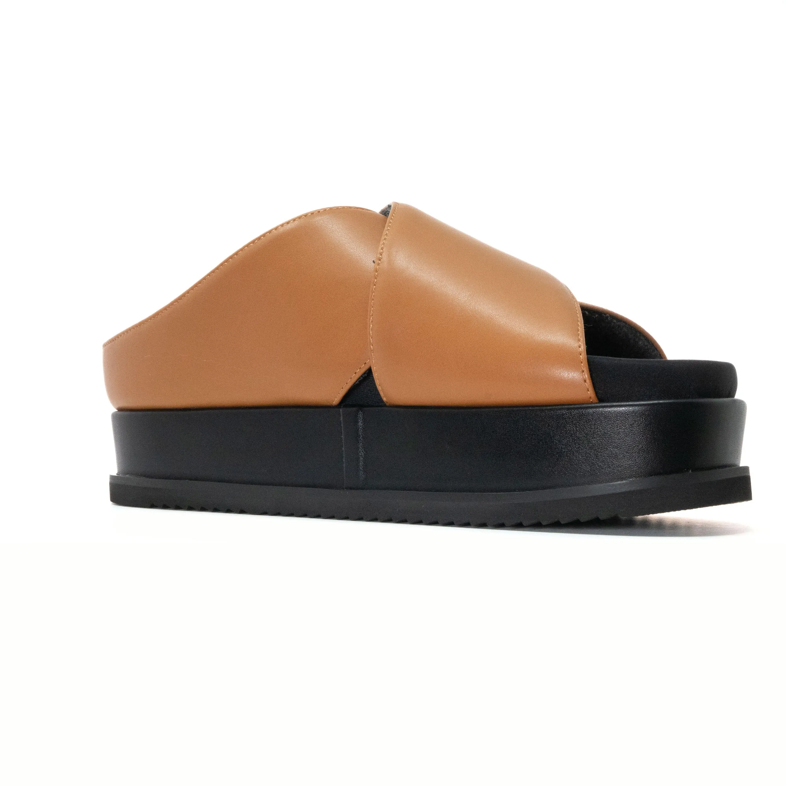 ROAM CROSS STACK PLATFORM SANDALS COGNAC VEGAN LEATHER