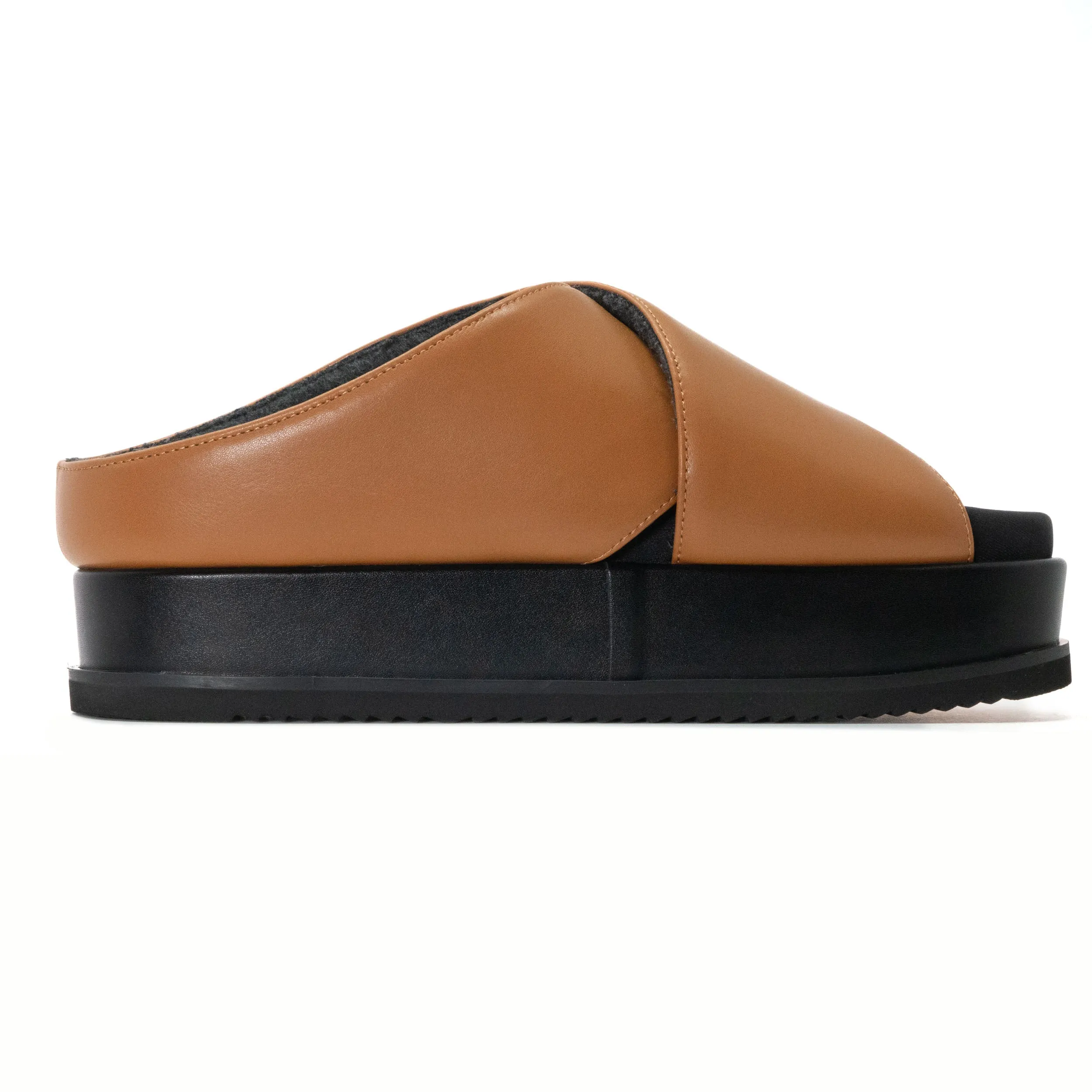 ROAM CROSS STACK PLATFORM SANDALS COGNAC VEGAN LEATHER