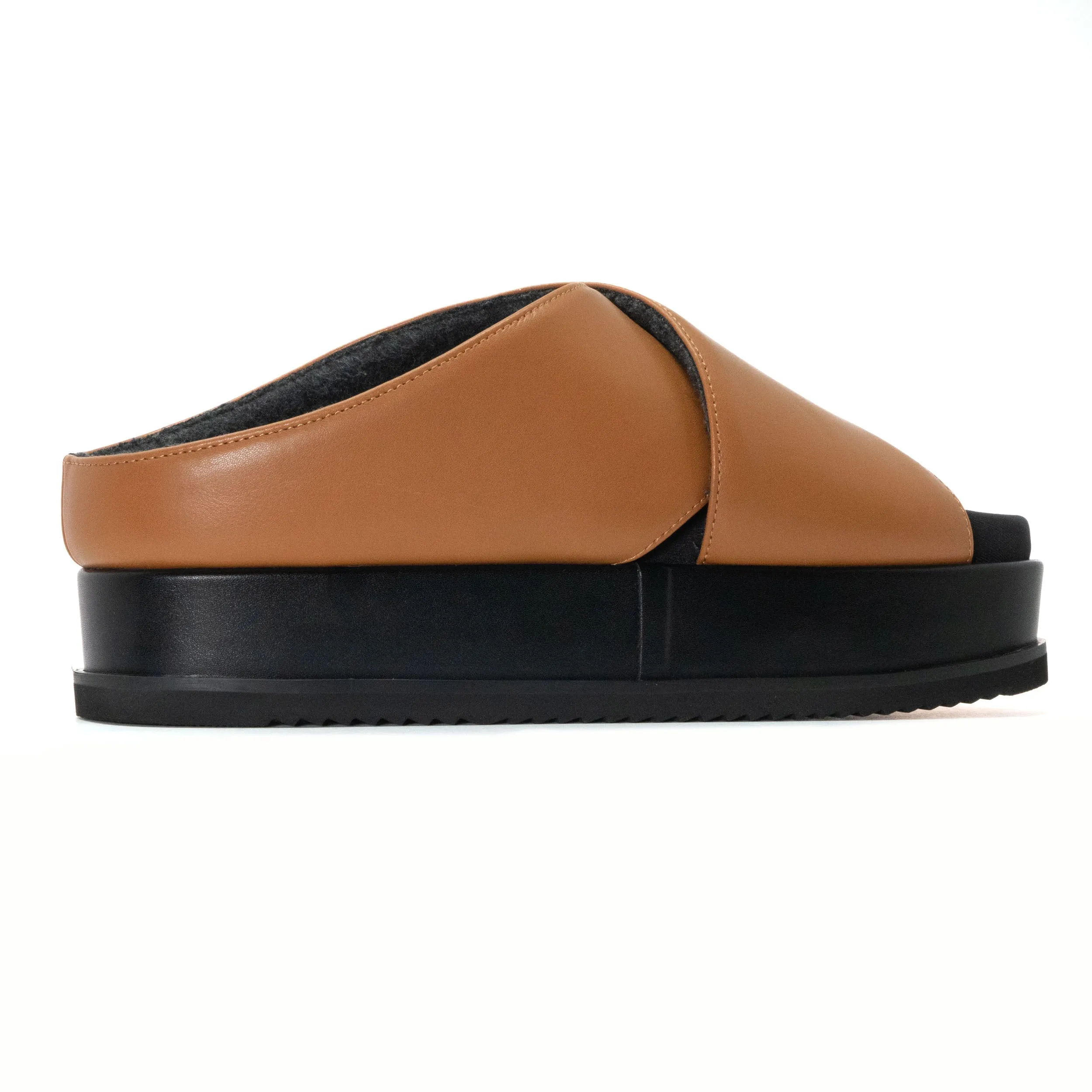 ROAM CROSS STACK PLATFORM SANDALS COGNAC VEGAN LEATHER