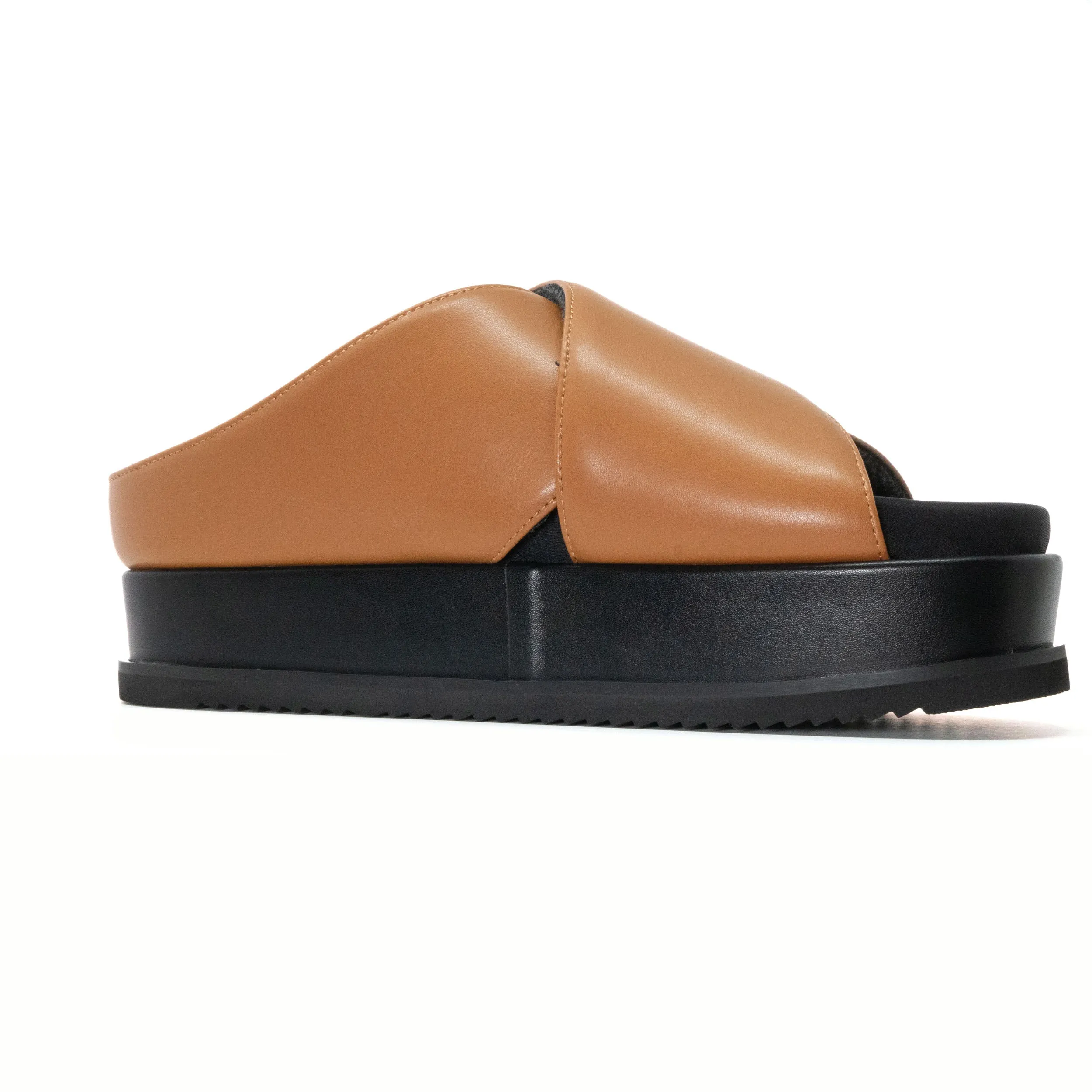 ROAM CROSS STACK PLATFORM SANDALS COGNAC VEGAN LEATHER