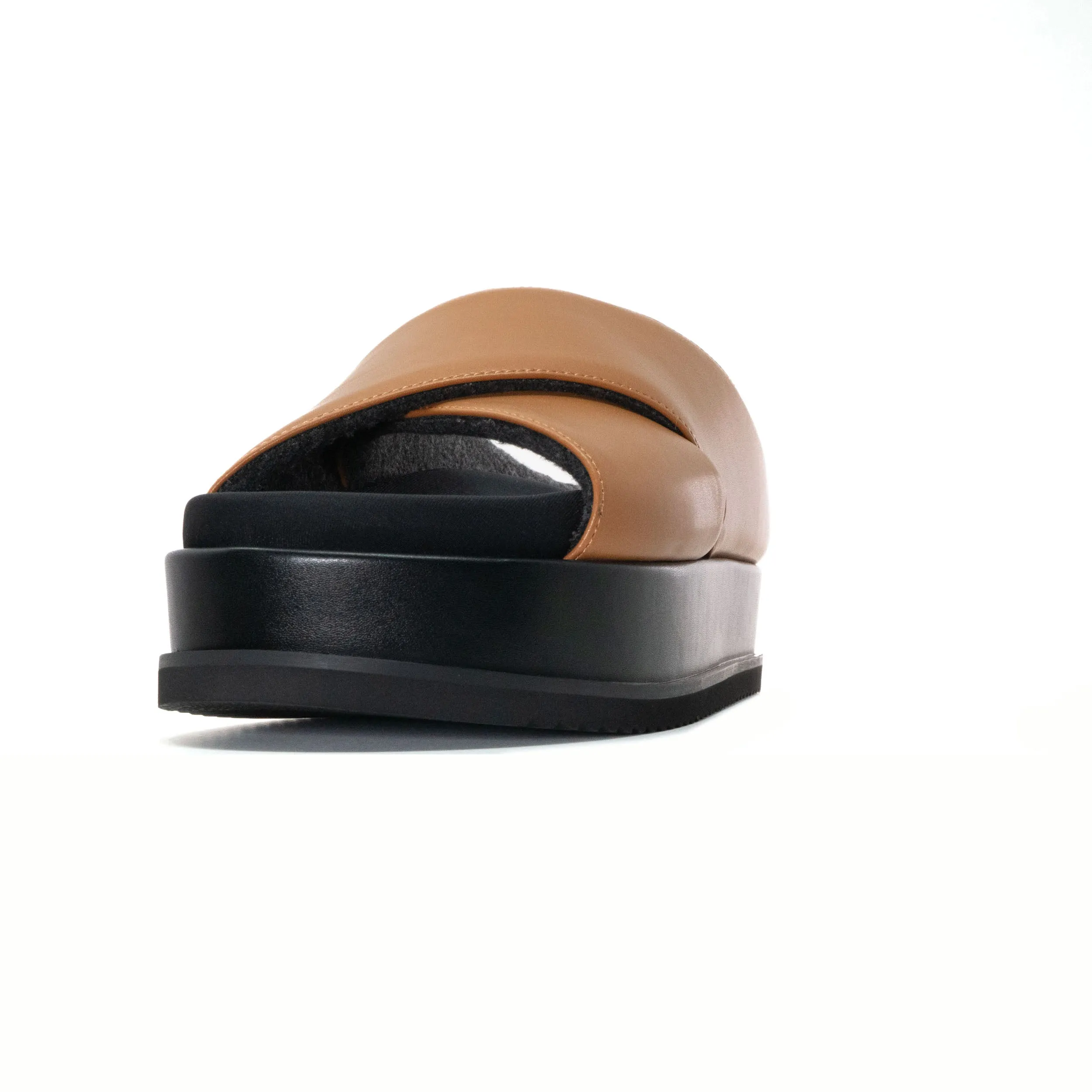 ROAM CROSS STACK PLATFORM SANDALS COGNAC VEGAN LEATHER