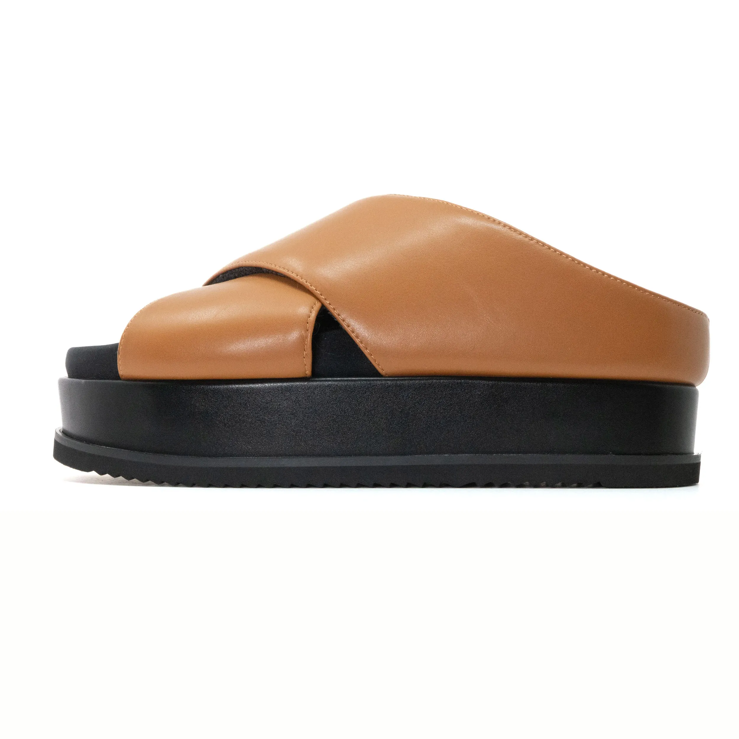 ROAM CROSS STACK PLATFORM SANDALS COGNAC VEGAN LEATHER