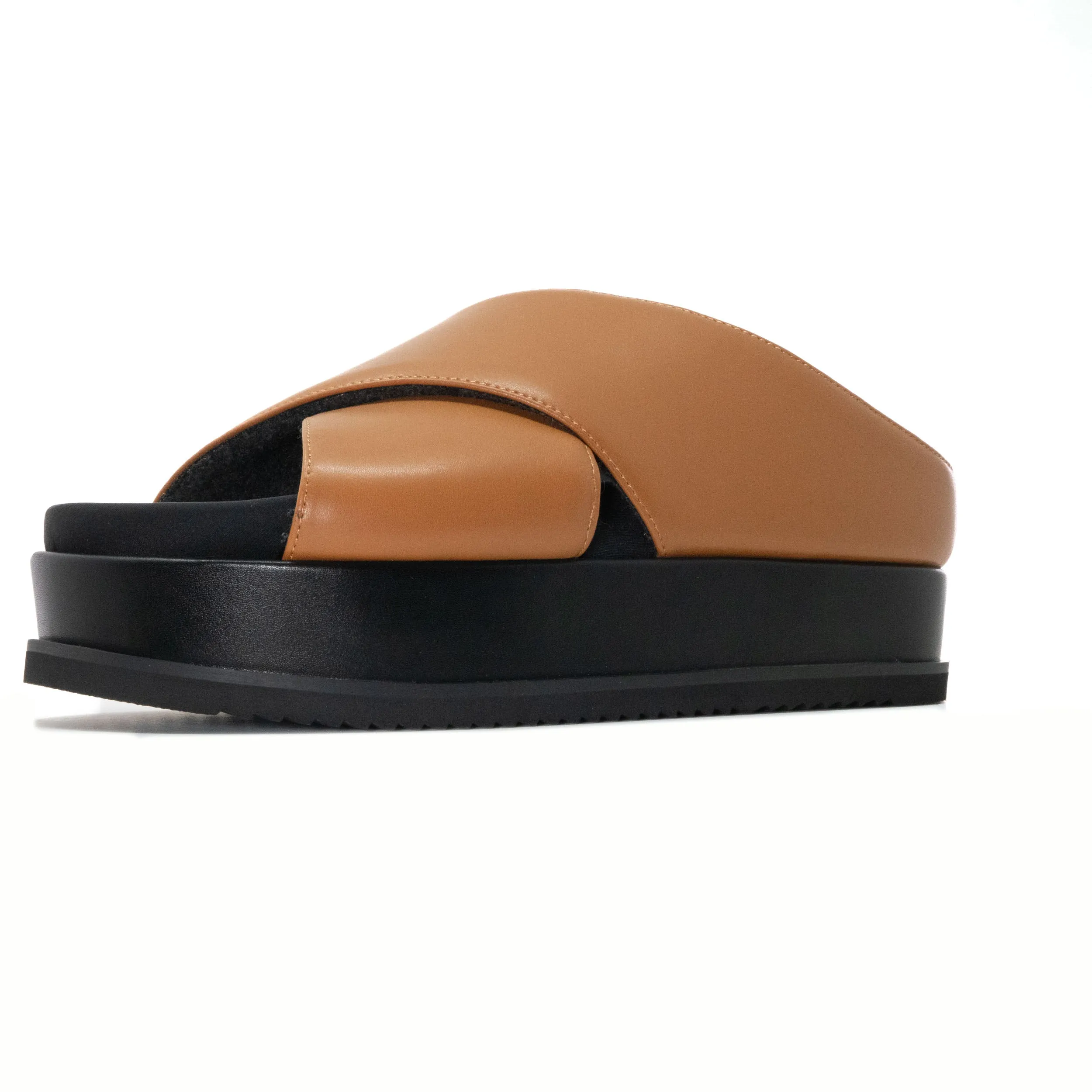 ROAM CROSS STACK PLATFORM SANDALS COGNAC VEGAN LEATHER