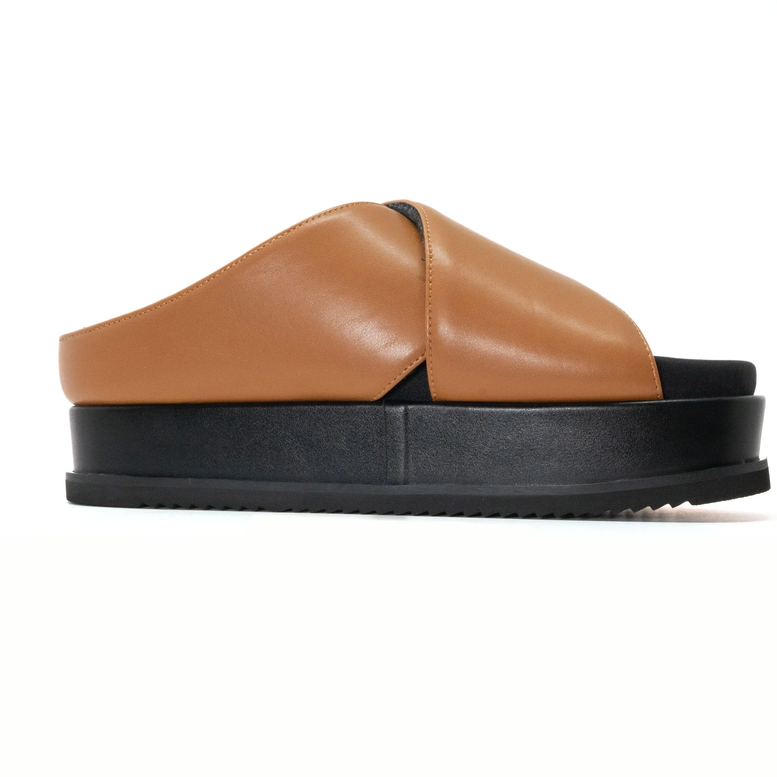 ROAM CROSS STACK PLATFORM SANDALS COGNAC VEGAN LEATHER