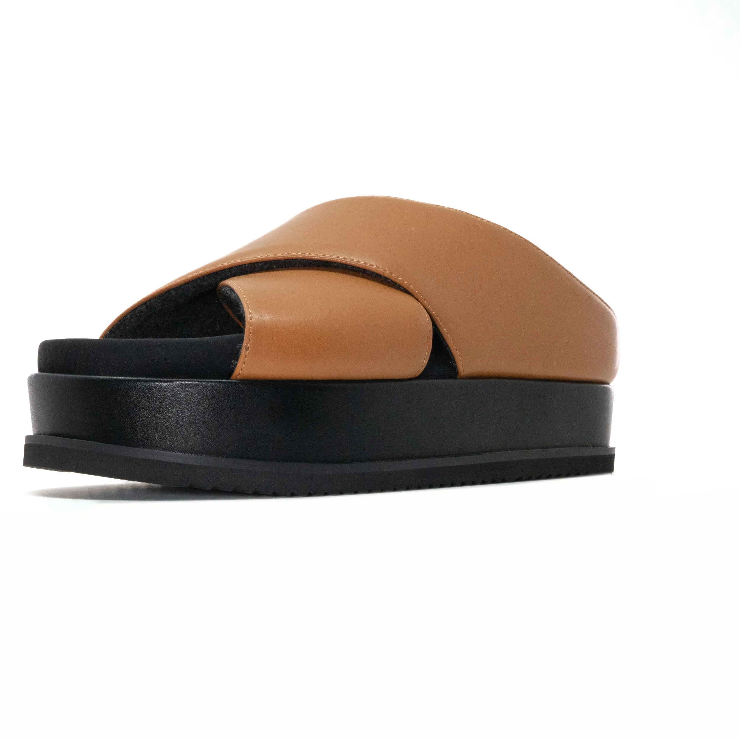 ROAM CROSS STACK PLATFORM SANDALS COGNAC VEGAN LEATHER