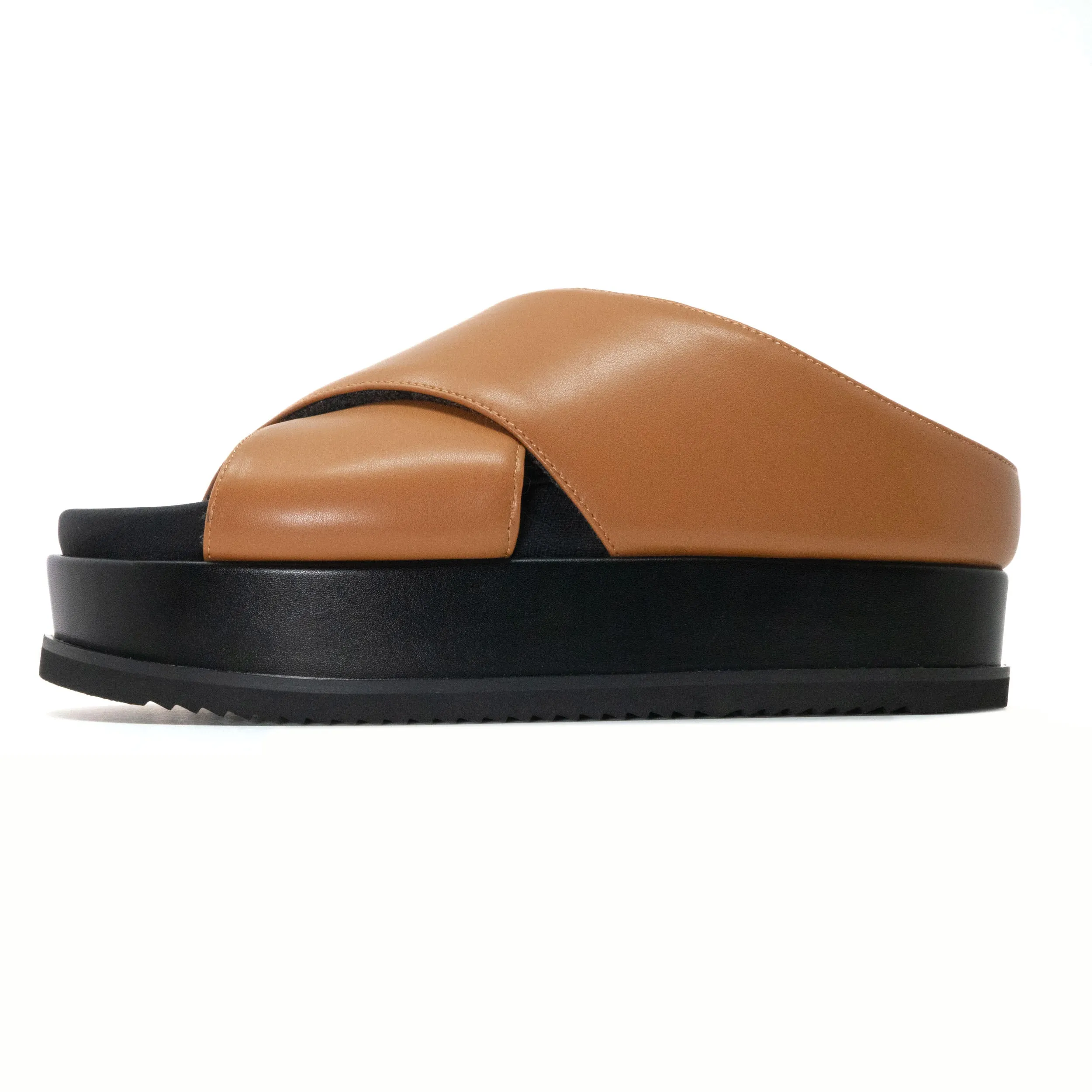 ROAM CROSS STACK PLATFORM SANDALS COGNAC VEGAN LEATHER