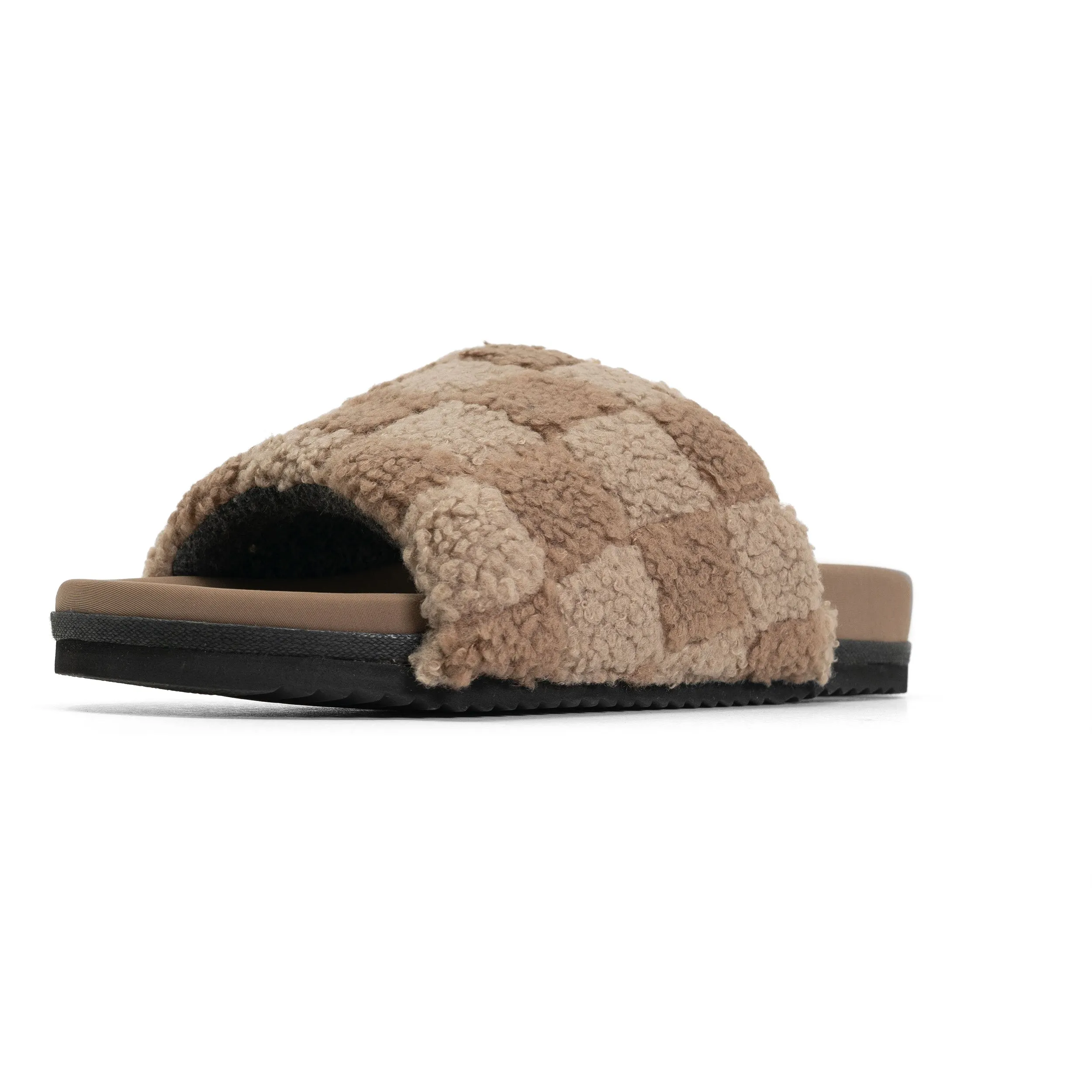 ROAM FUZZY CHECKER SLIDER BEIGE & TAUPE FAUX SHEARLING