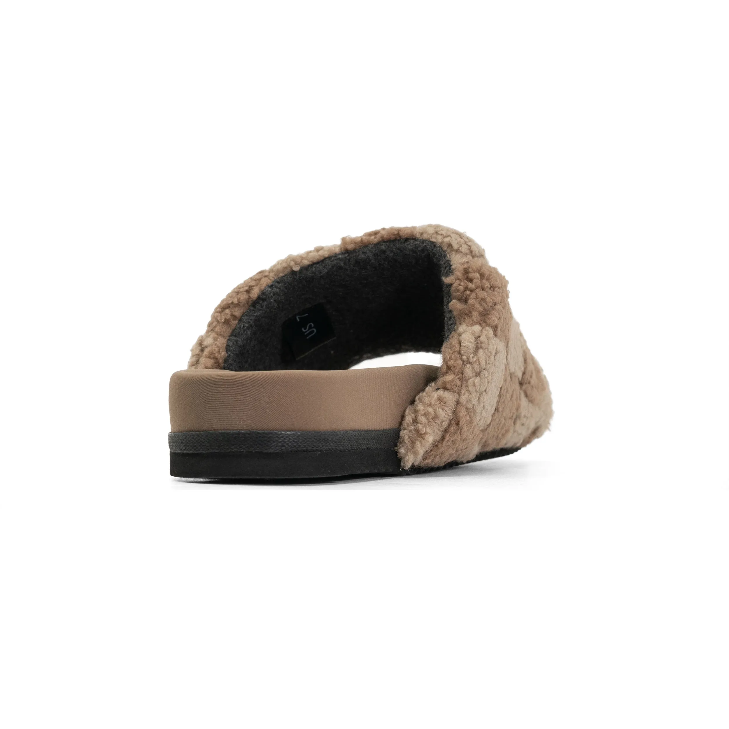 ROAM FUZZY CHECKER SLIDER BEIGE & TAUPE FAUX SHEARLING
