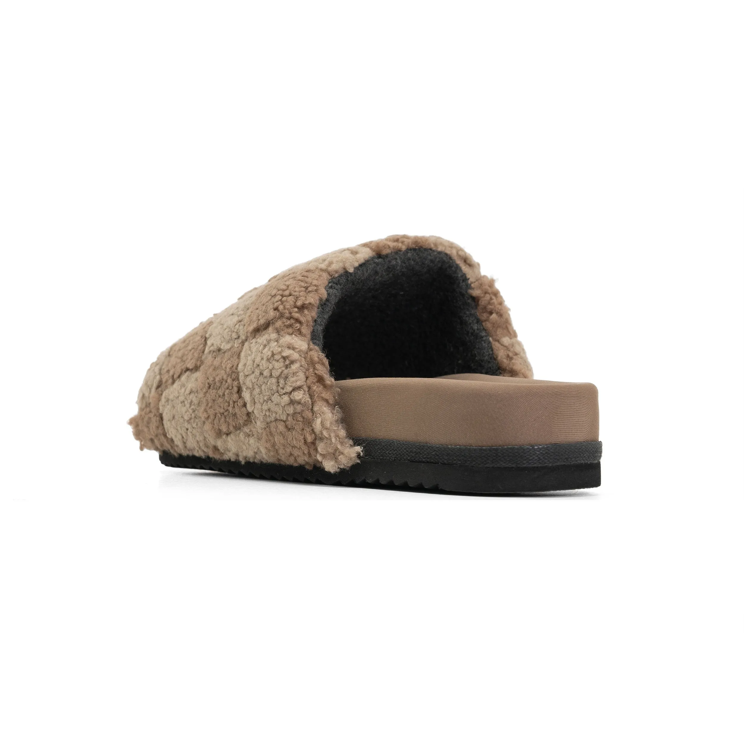 ROAM FUZZY CHECKER SLIDER BEIGE & TAUPE FAUX SHEARLING