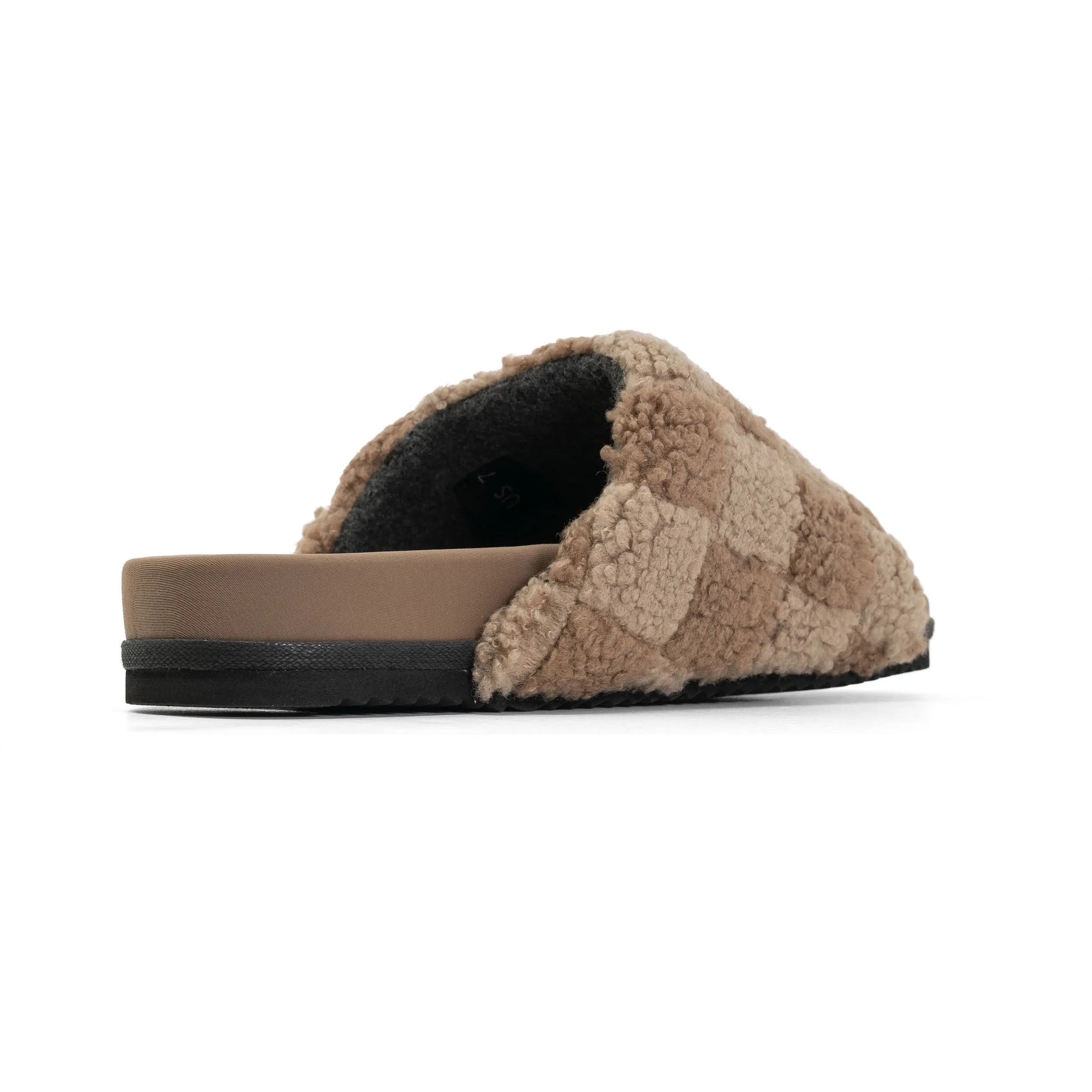 ROAM FUZZY CHECKER SLIDER BEIGE & TAUPE FAUX SHEARLING