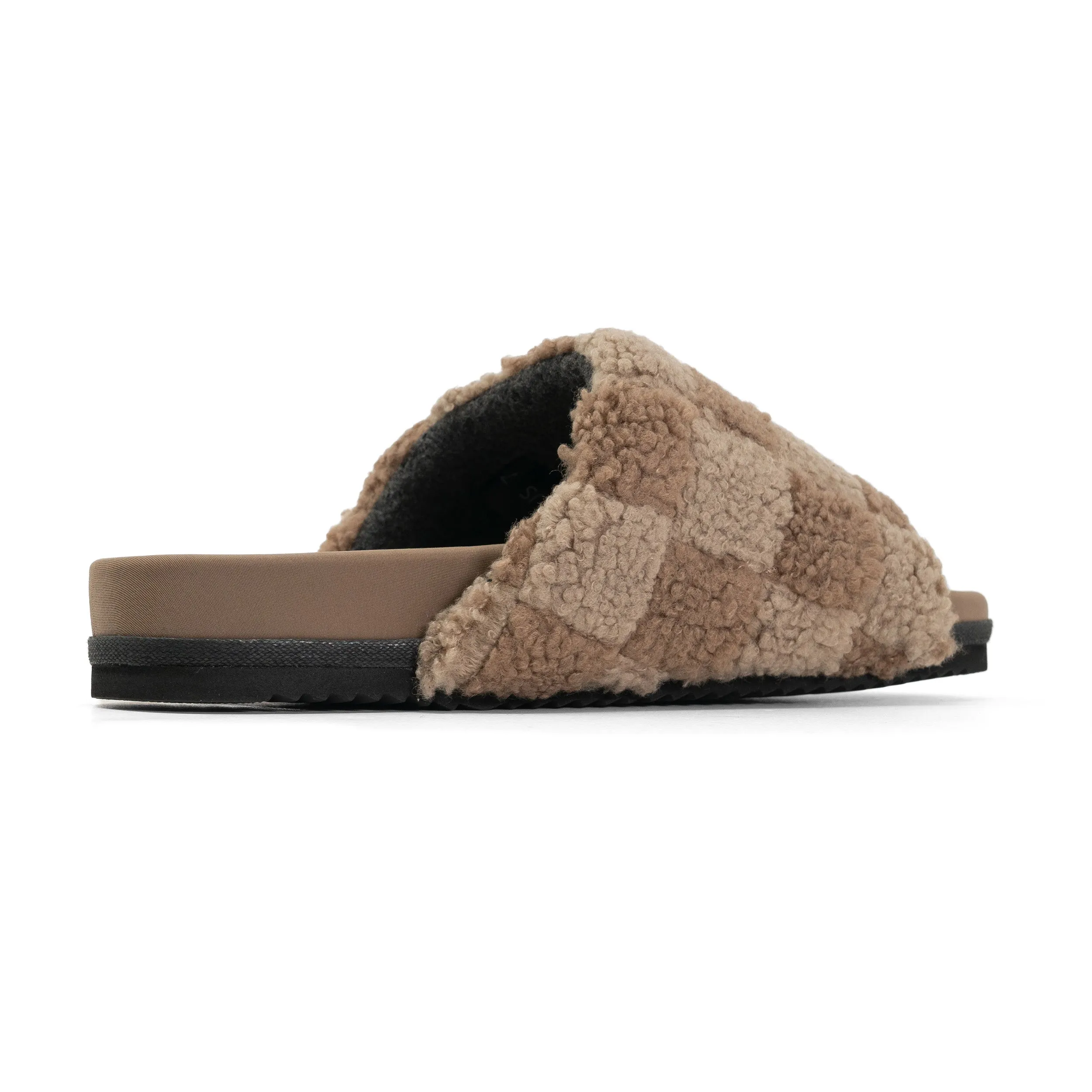 ROAM FUZZY CHECKER SLIDER BEIGE & TAUPE FAUX SHEARLING