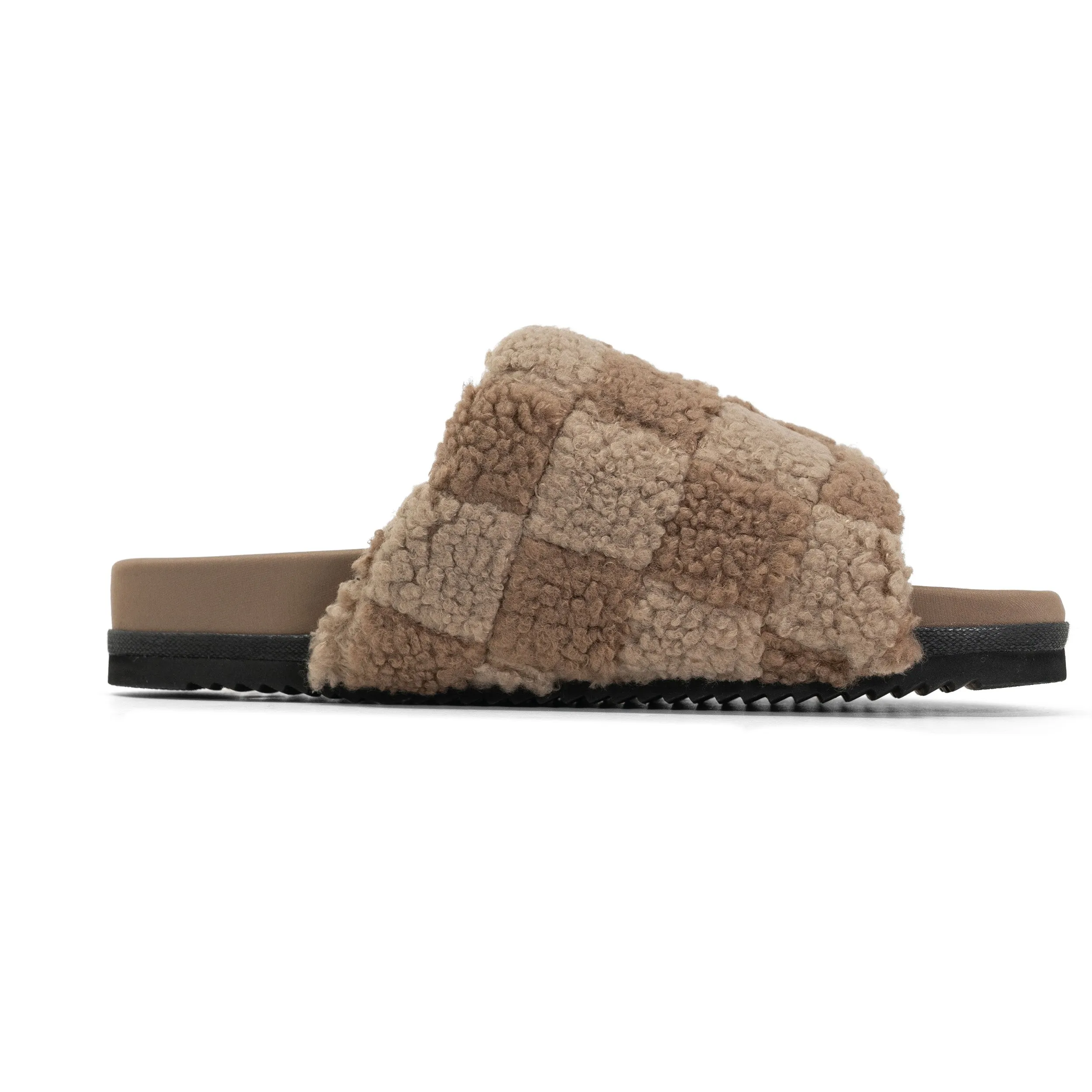 ROAM FUZZY CHECKER SLIDER BEIGE & TAUPE FAUX SHEARLING