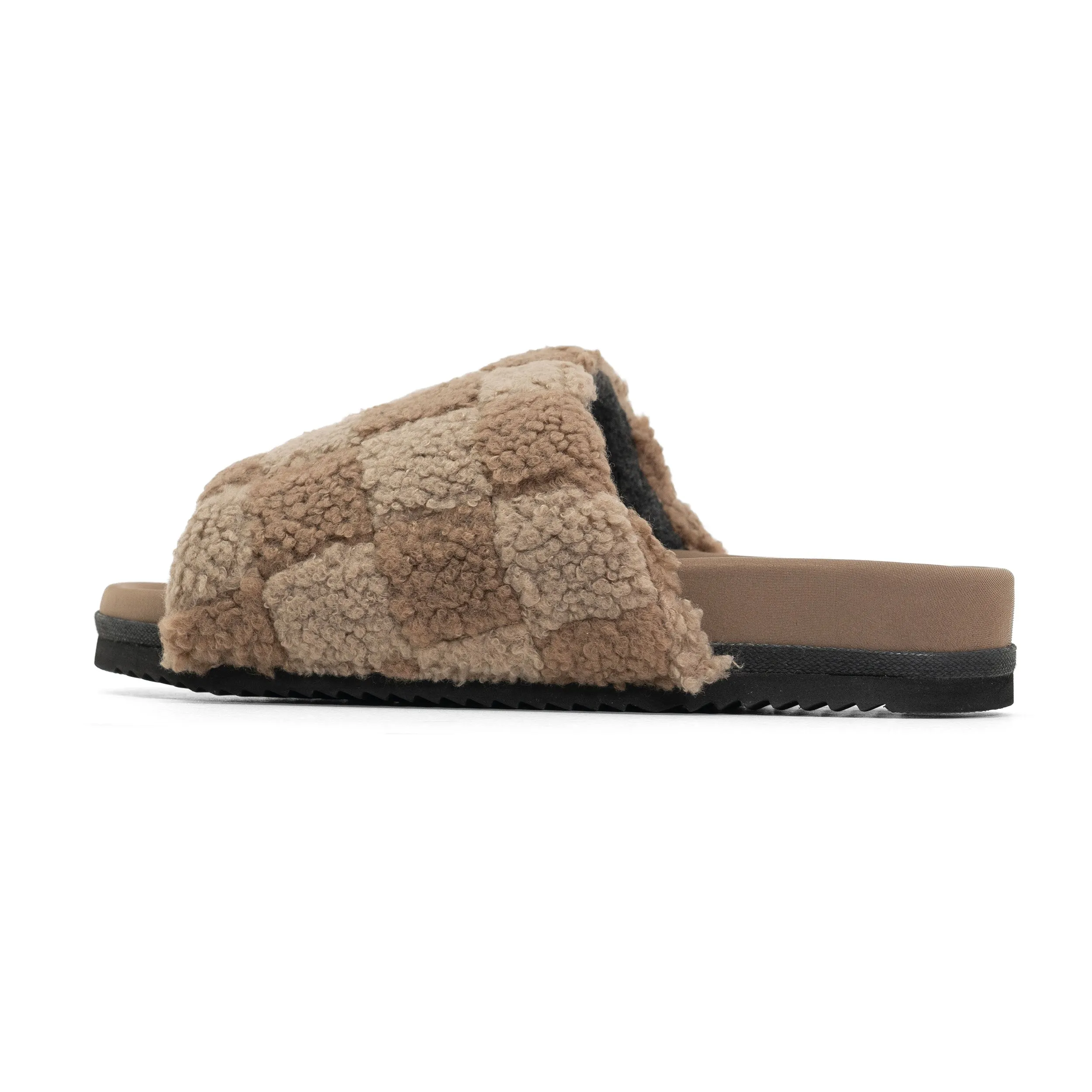 ROAM FUZZY CHECKER SLIDER BEIGE & TAUPE FAUX SHEARLING