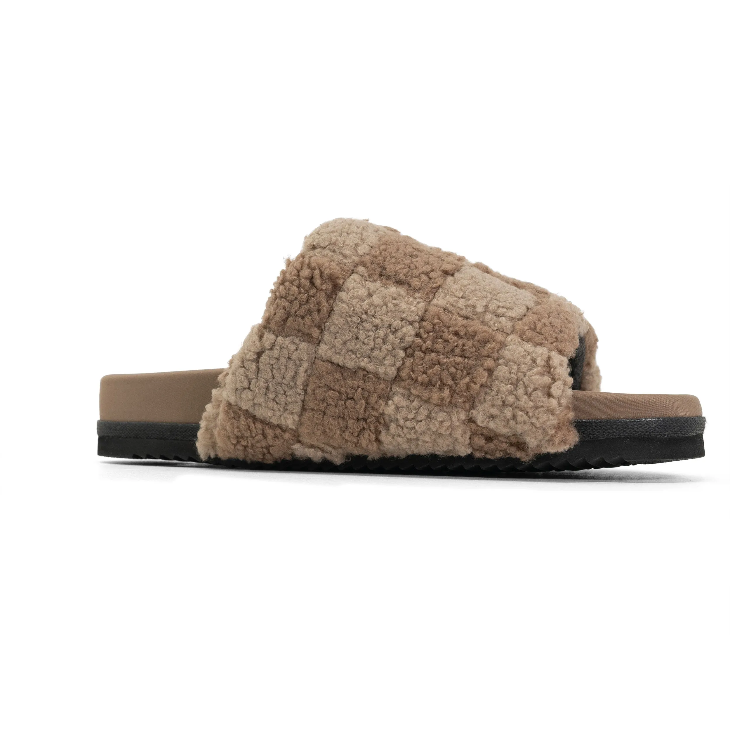 ROAM FUZZY CHECKER SLIDER BEIGE & TAUPE FAUX SHEARLING