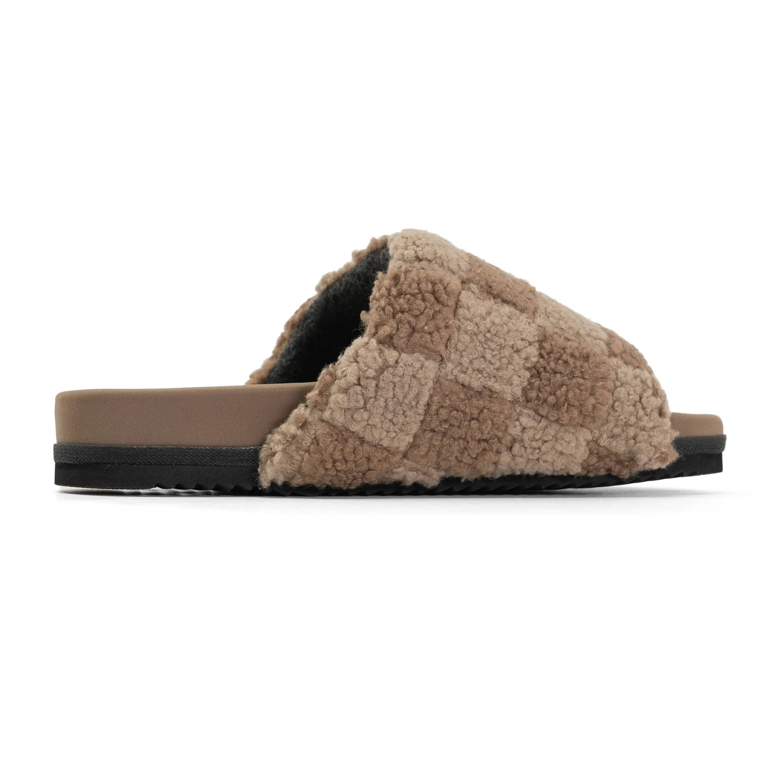 ROAM FUZZY CHECKER SLIDER BEIGE & TAUPE FAUX SHEARLING