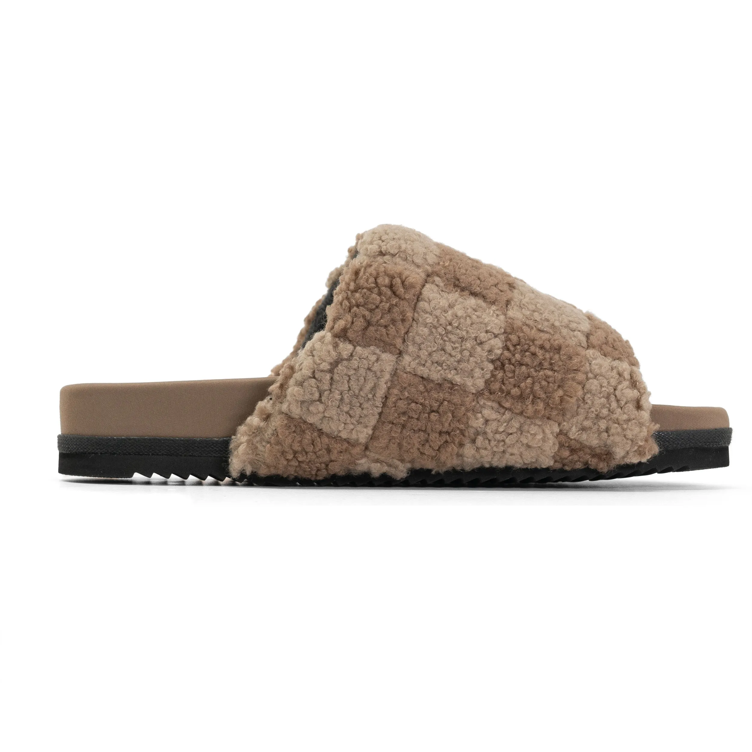 ROAM FUZZY CHECKER SLIDER BEIGE & TAUPE FAUX SHEARLING