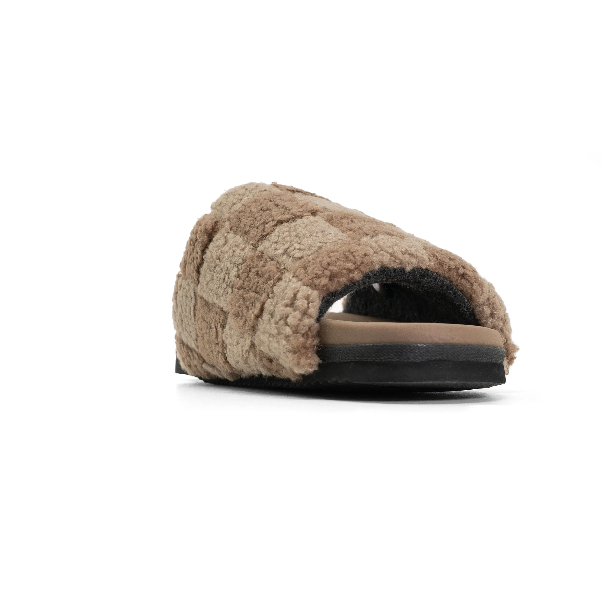 ROAM FUZZY CHECKER SLIDER BEIGE & TAUPE FAUX SHEARLING