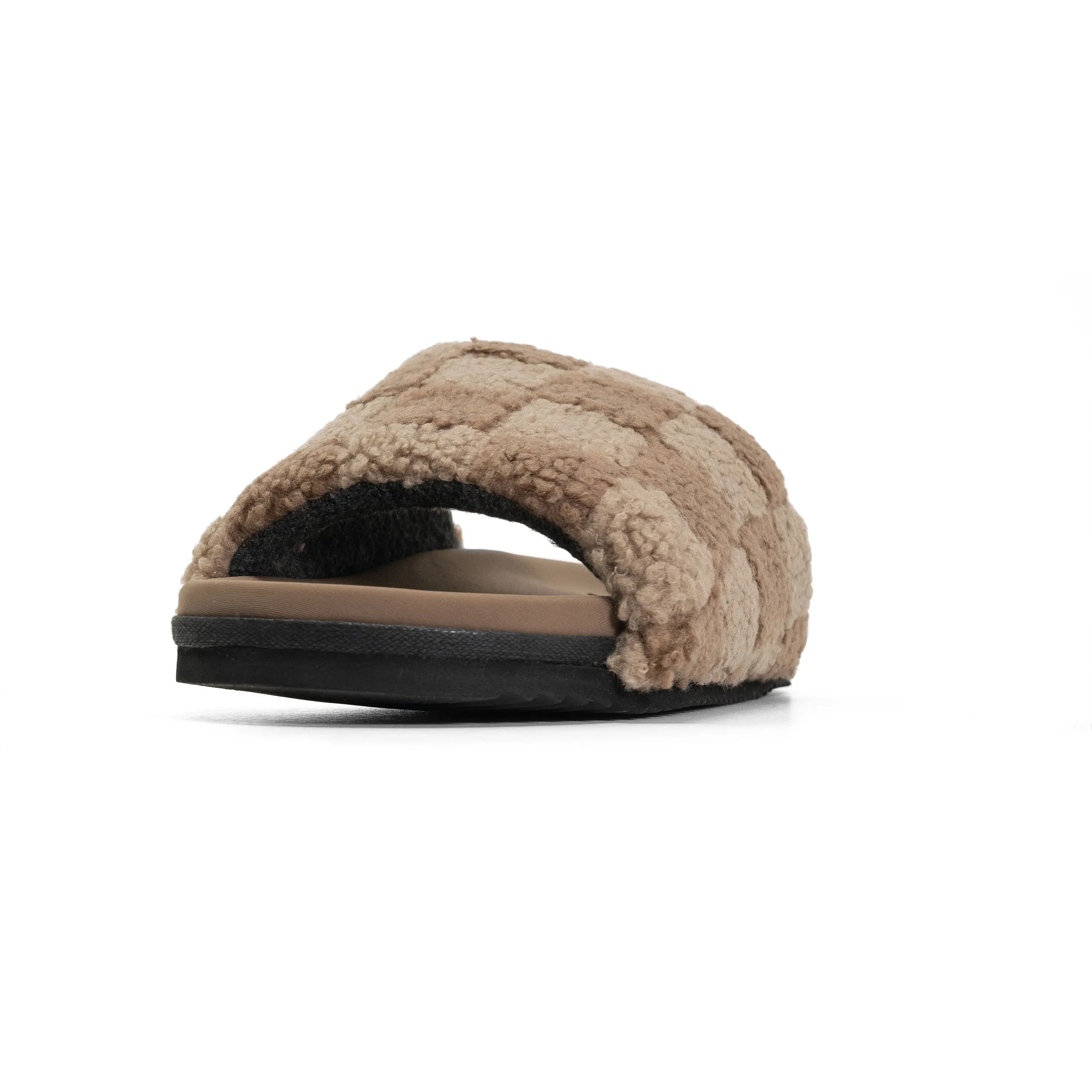 ROAM FUZZY CHECKER SLIDER BEIGE & TAUPE FAUX SHEARLING
