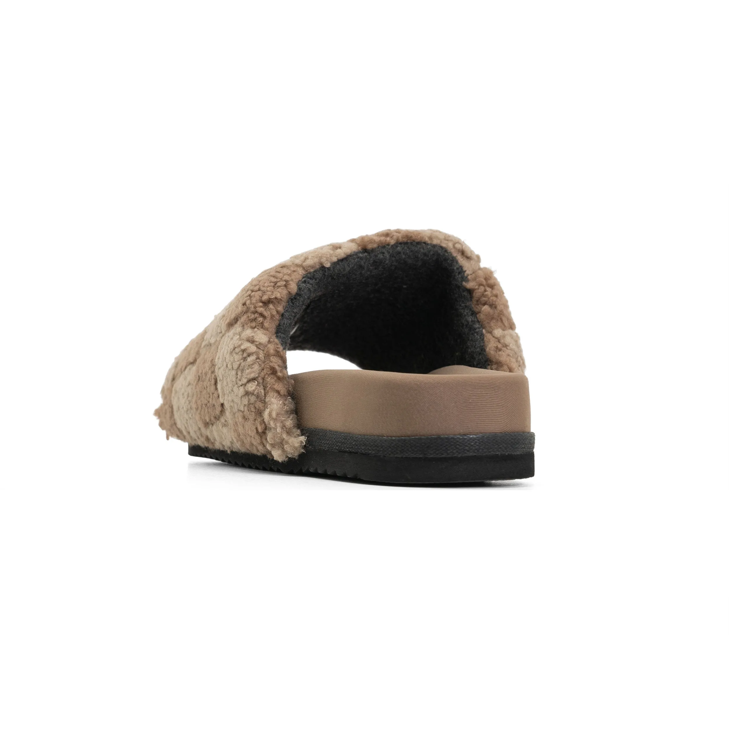 ROAM FUZZY CHECKER SLIDER BEIGE & TAUPE FAUX SHEARLING
