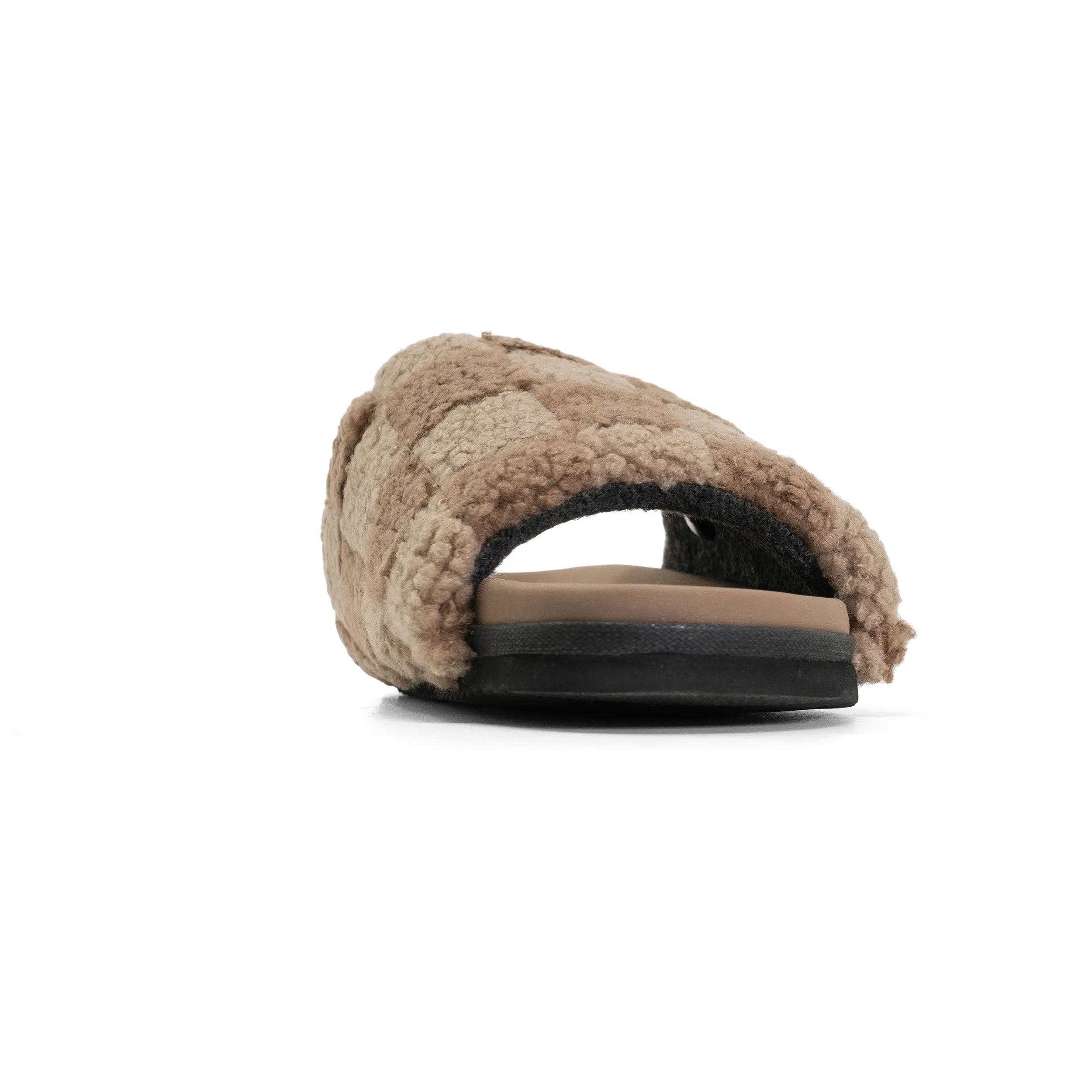 ROAM FUZZY CHECKER SLIDER BEIGE & TAUPE FAUX SHEARLING