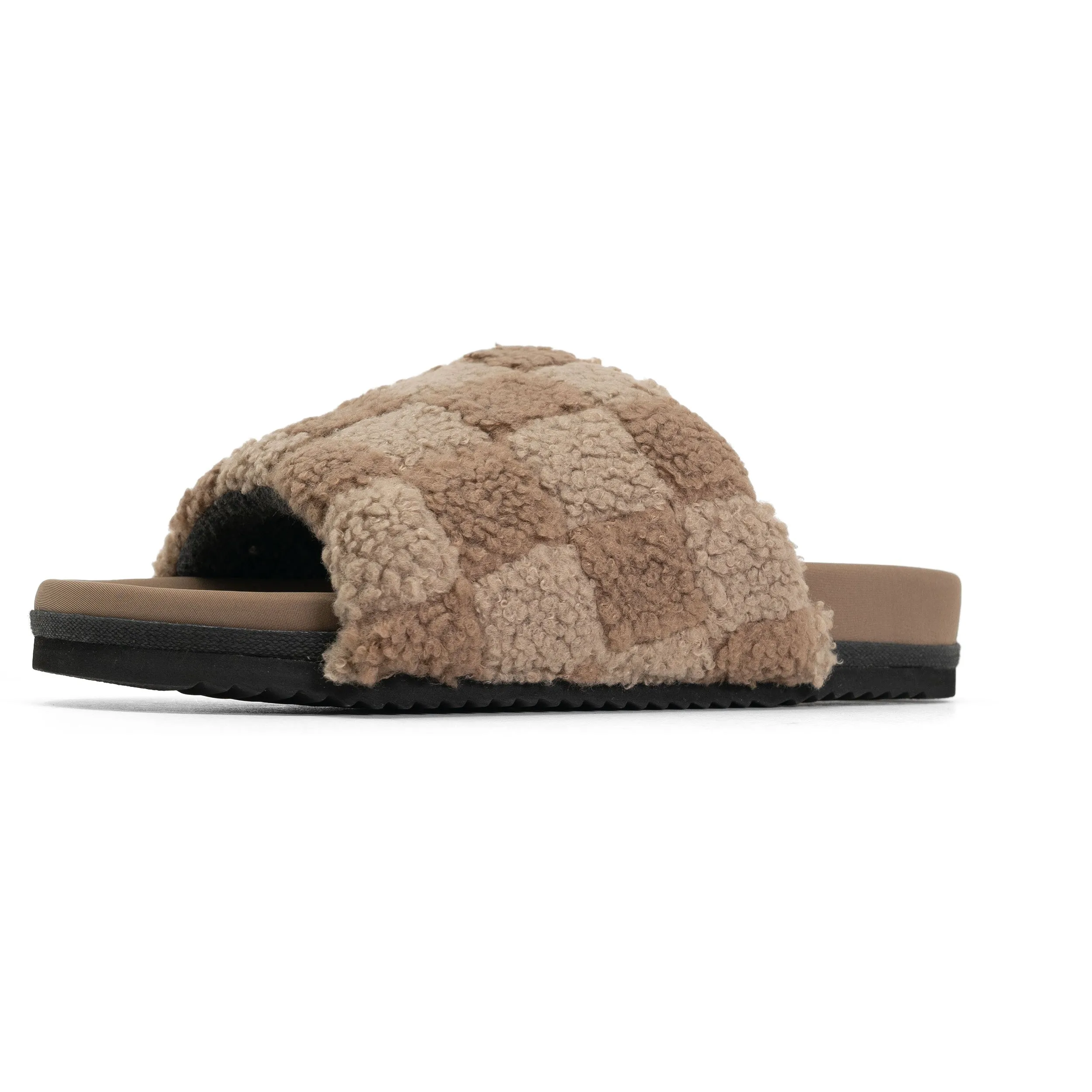 ROAM FUZZY CHECKER SLIDER BEIGE & TAUPE FAUX SHEARLING