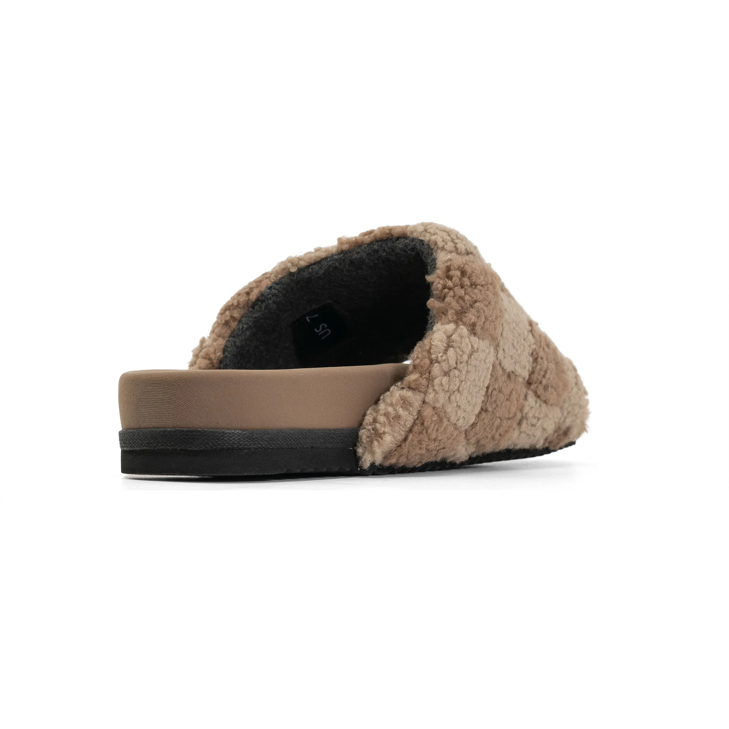 ROAM FUZZY CHECKER SLIDER BEIGE & TAUPE FAUX SHEARLING