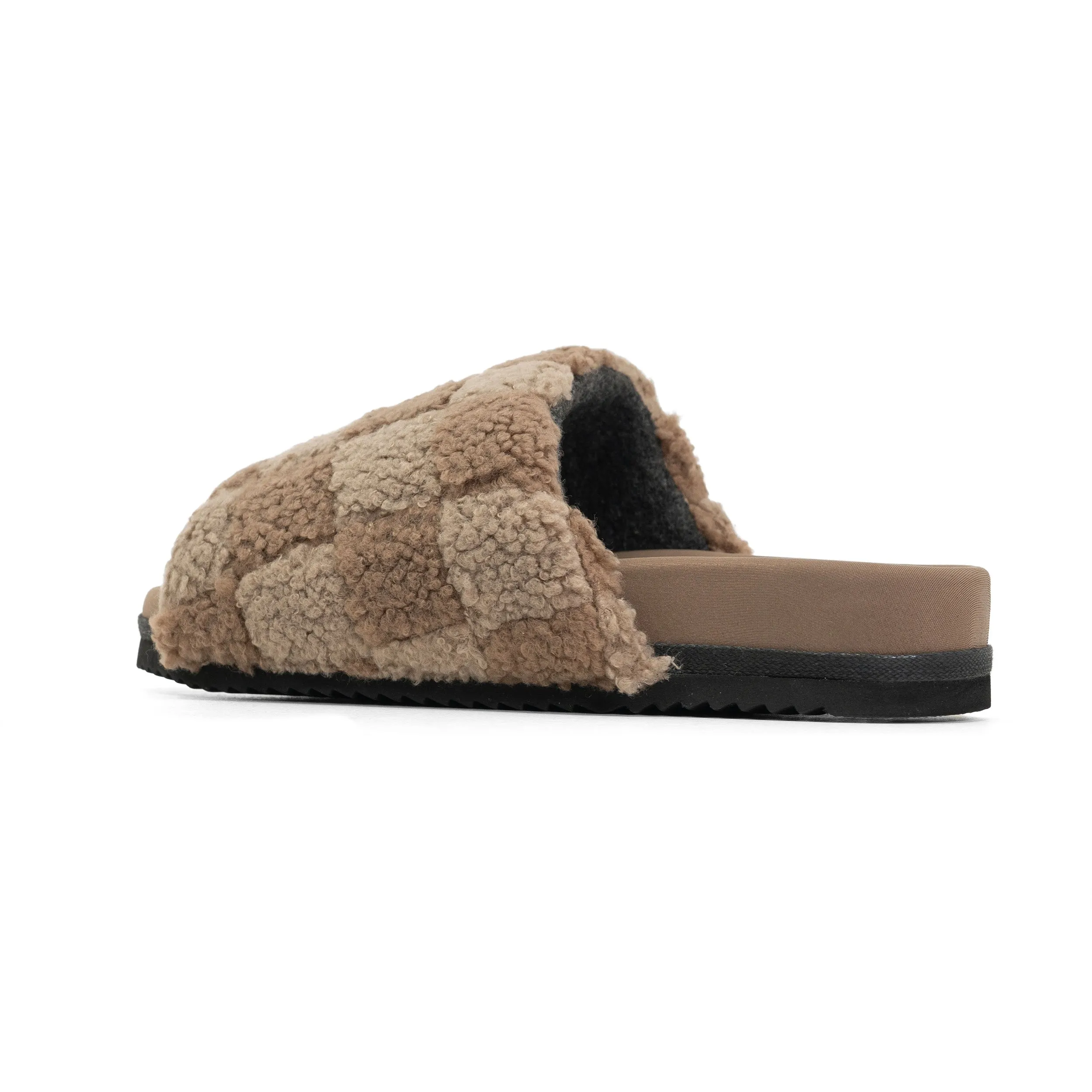 ROAM FUZZY CHECKER SLIDER BEIGE & TAUPE FAUX SHEARLING