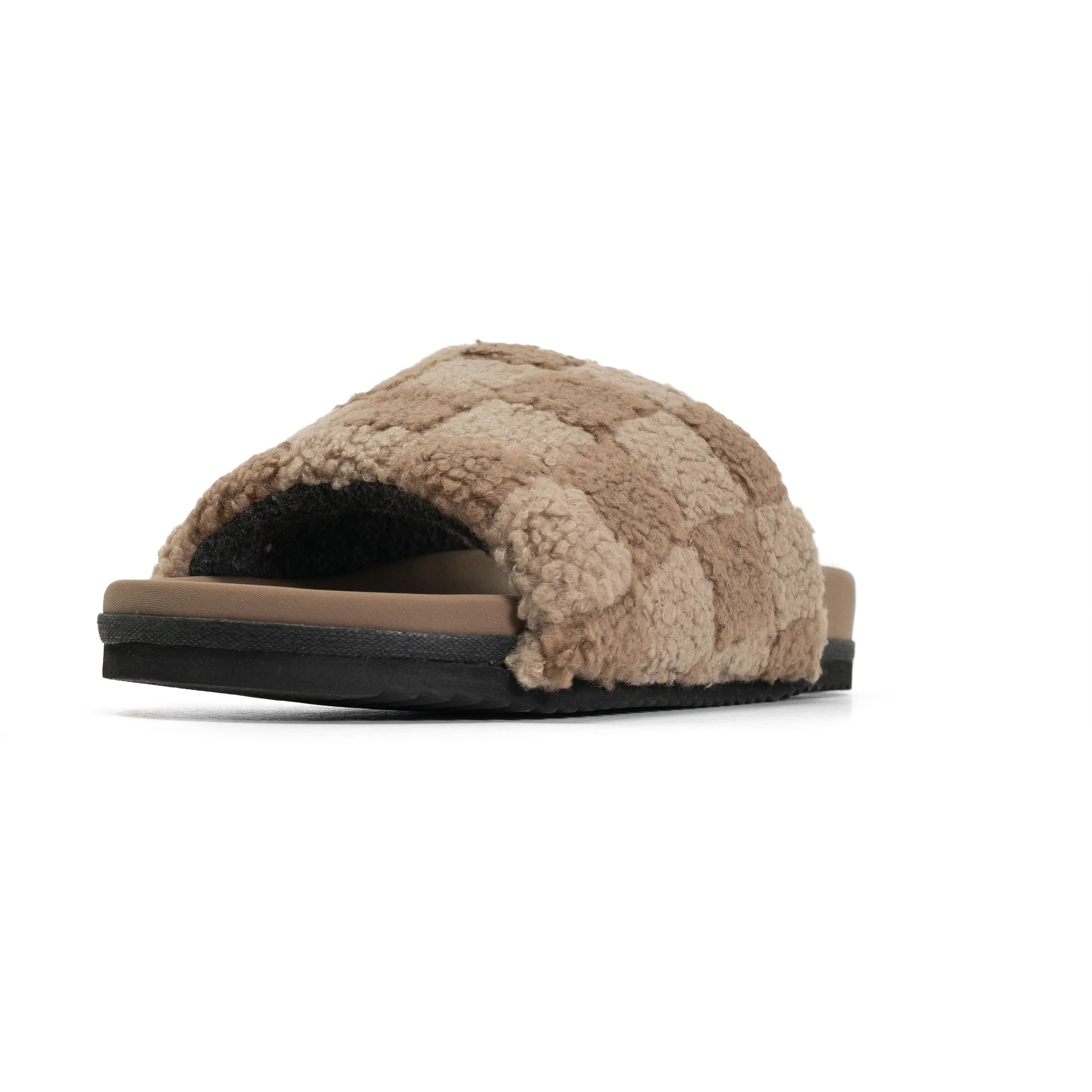 ROAM FUZZY CHECKER SLIDER BEIGE & TAUPE FAUX SHEARLING