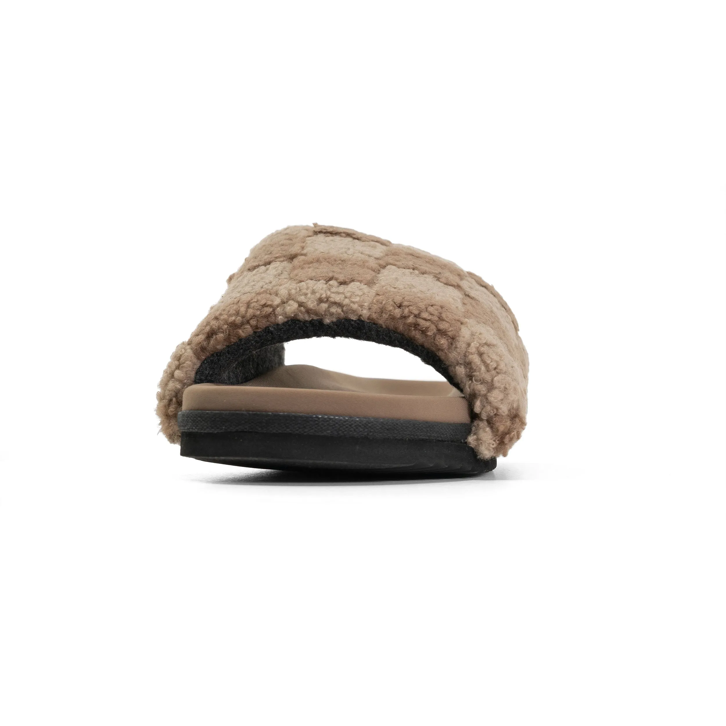 ROAM FUZZY CHECKER SLIDER BEIGE & TAUPE FAUX SHEARLING