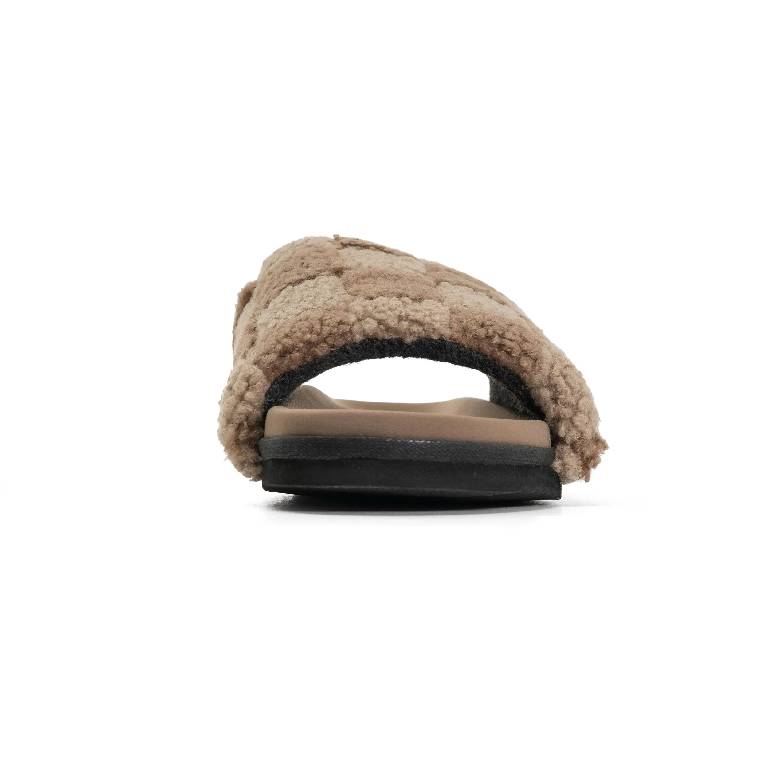 ROAM FUZZY CHECKER SLIDER BEIGE & TAUPE FAUX SHEARLING