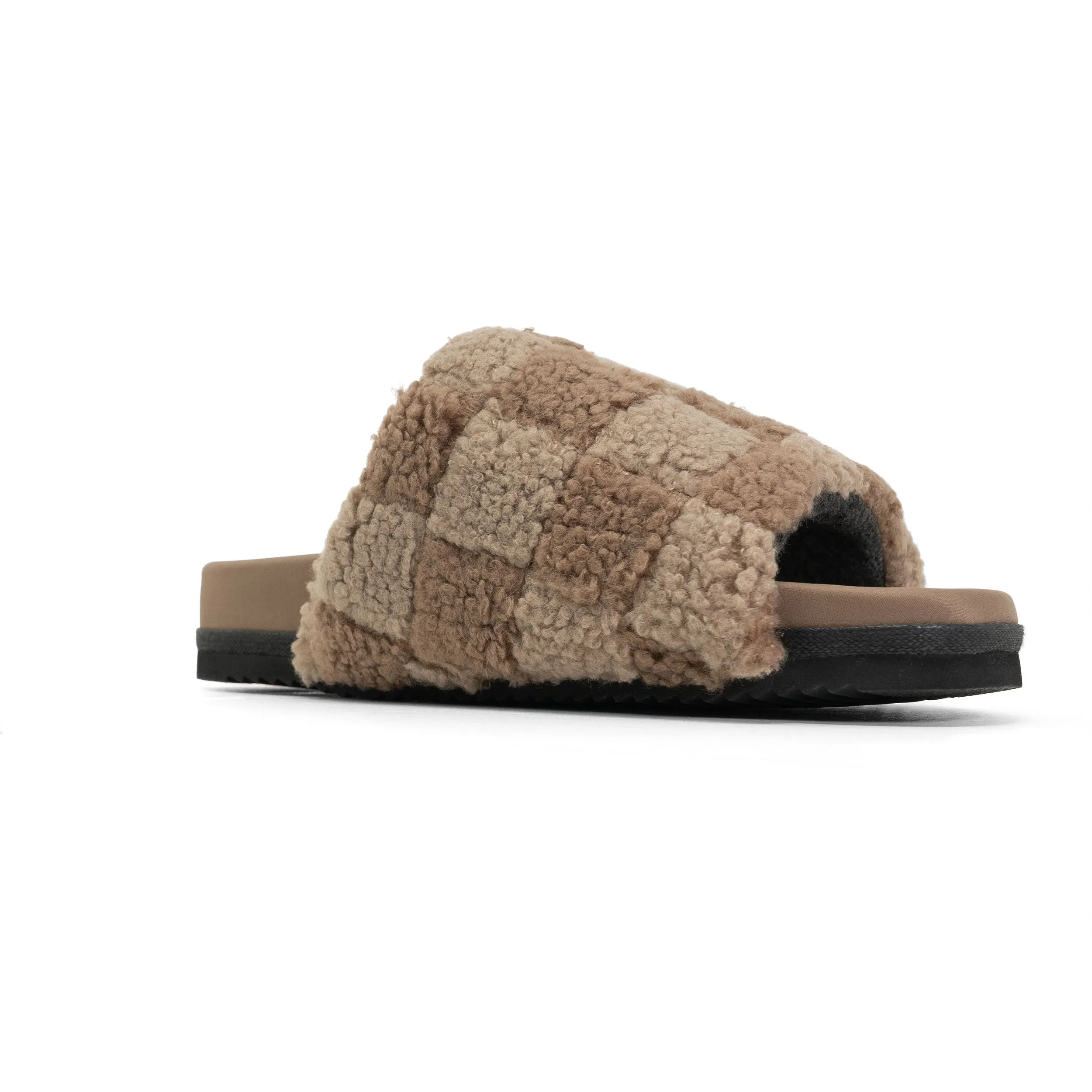 ROAM FUZZY CHECKER SLIDER BEIGE & TAUPE FAUX SHEARLING