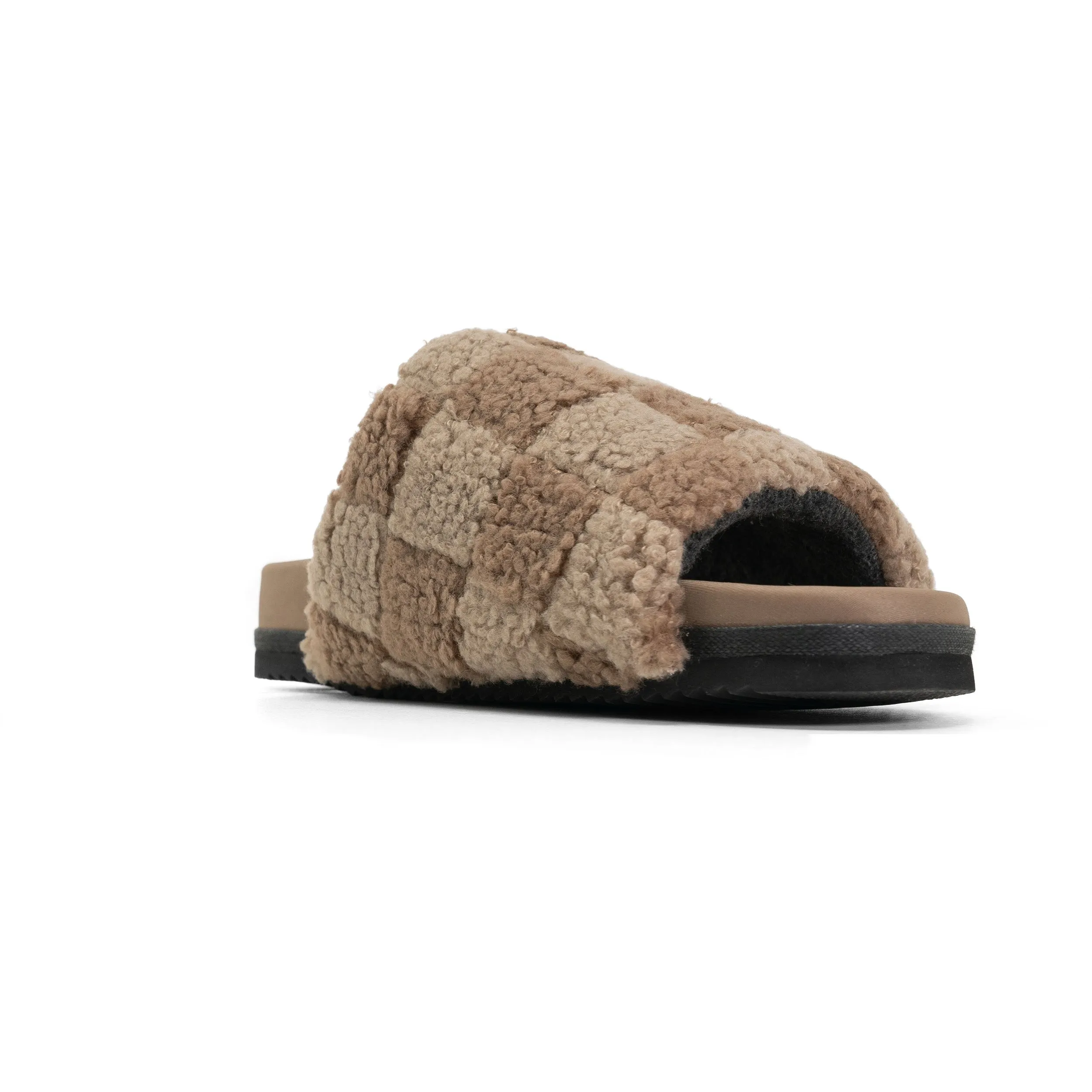 ROAM FUZZY CHECKER SLIDER BEIGE & TAUPE FAUX SHEARLING