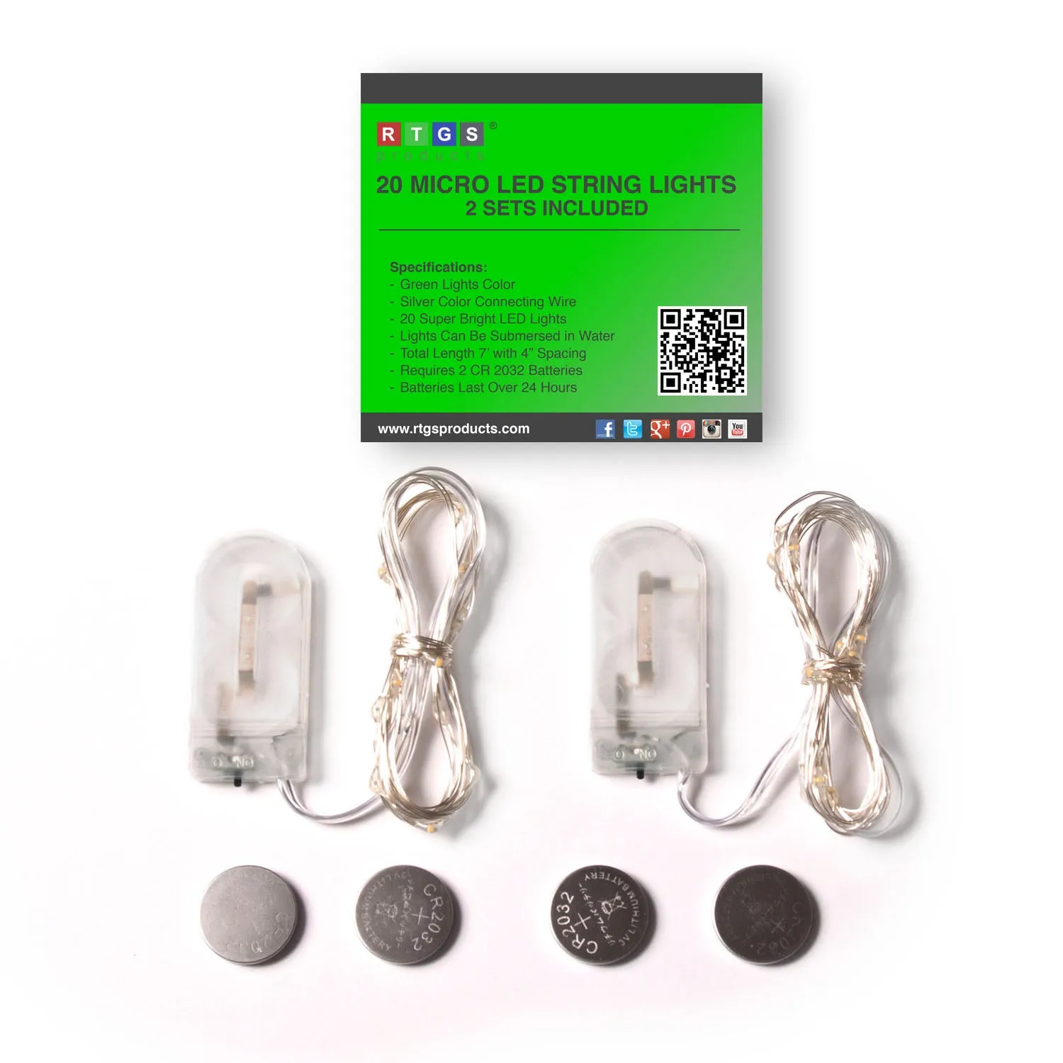 RTGS 2 Sets 20 Green Color LED String Lights Batteries Operated on 6.5 Feet Silver Color Wire