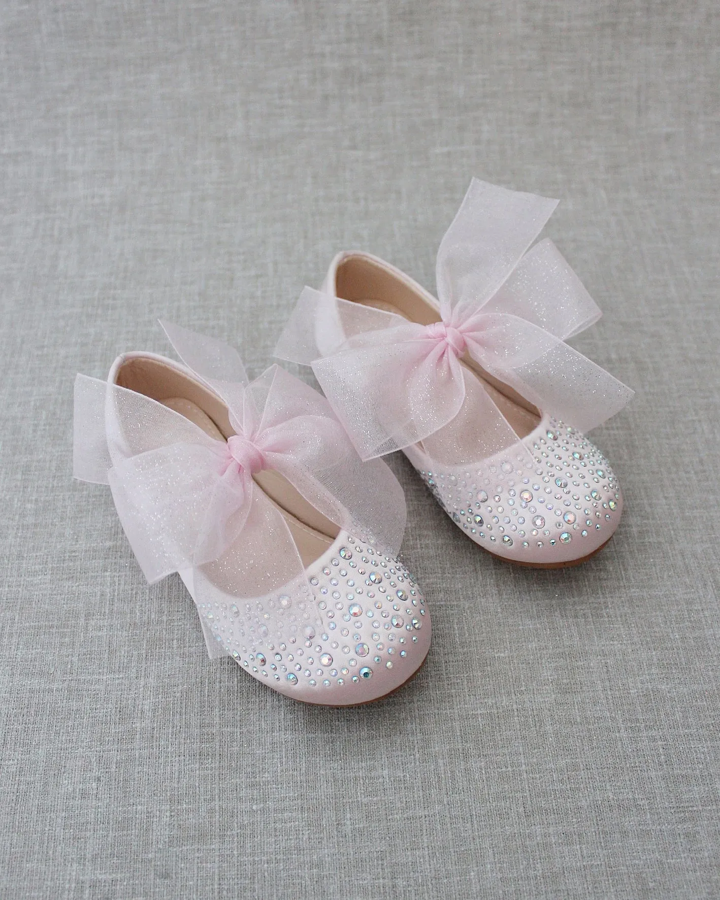 Satin Mary Jane Flats with Rhinestones Embellishment and Chiffon Bow