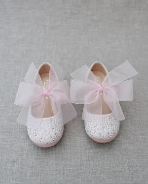 Satin Mary Jane Flats with Rhinestones Embellishment and Chiffon Bow
