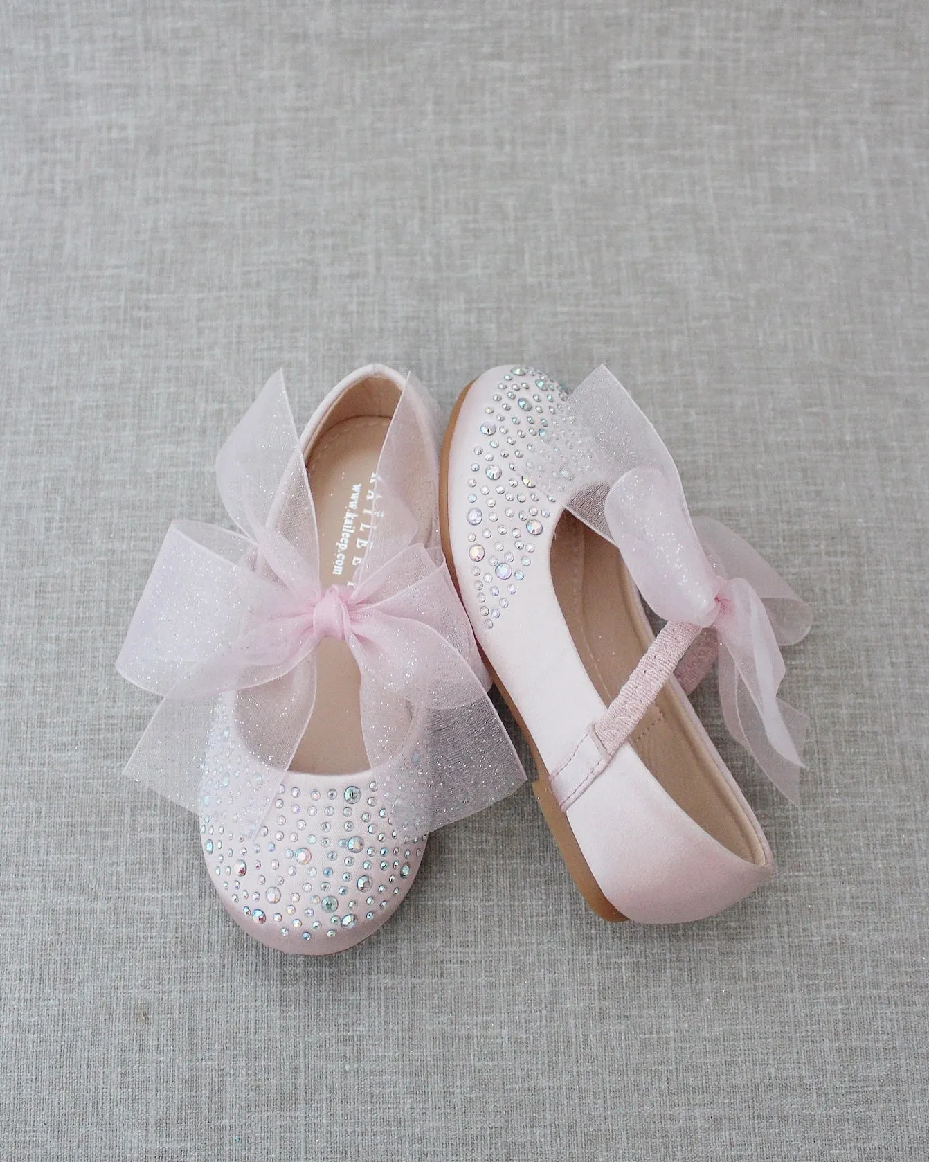Satin Mary Jane Flats with Rhinestones Embellishment and Chiffon Bow