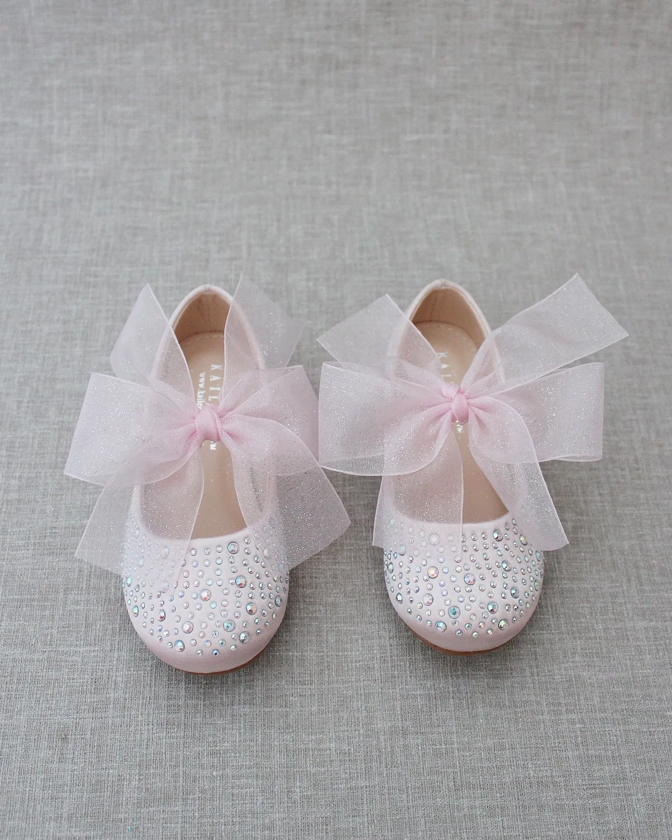 Satin Mary Jane Flats with Rhinestones Embellishment and Chiffon Bow