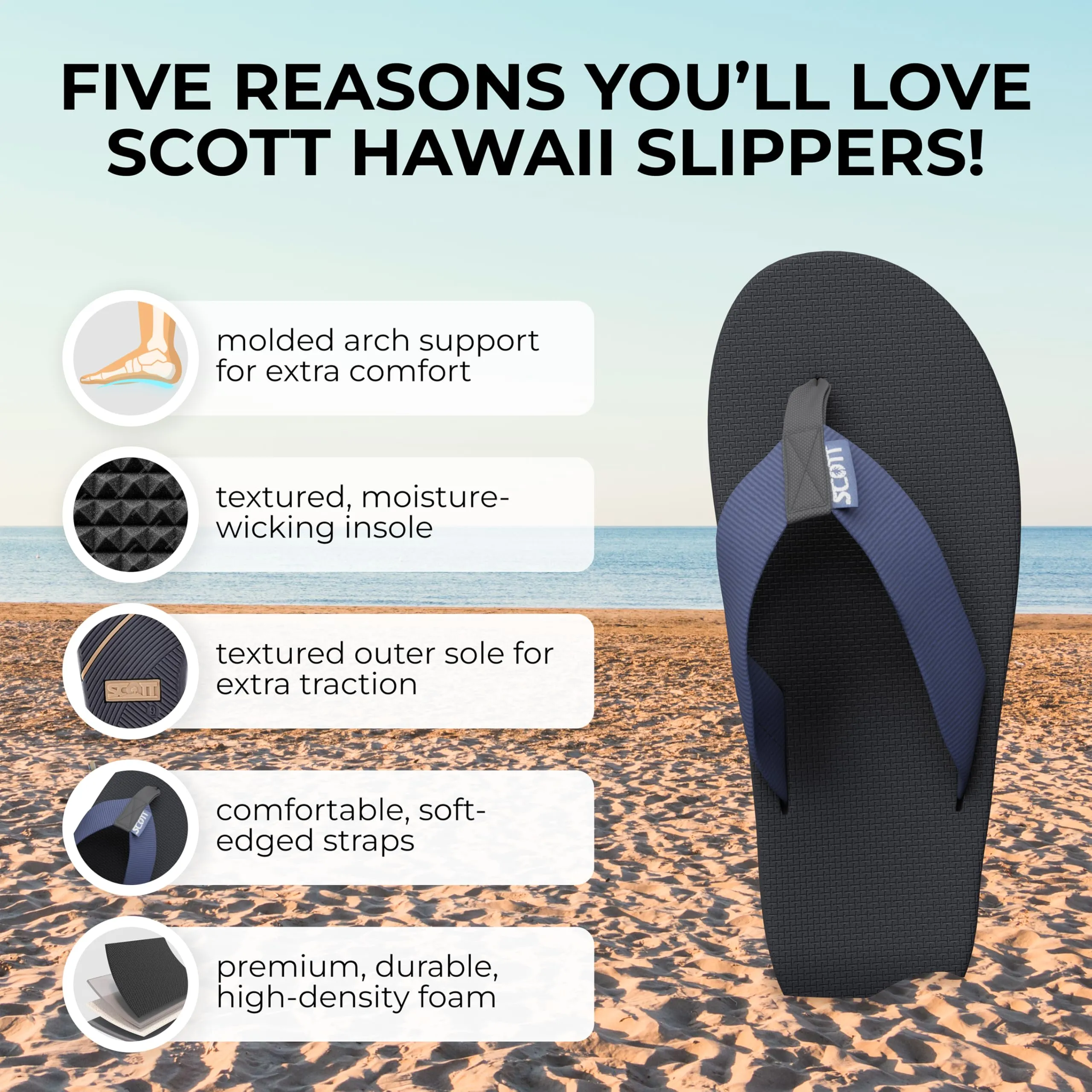 Scott Hawaii Makaha Flip Flop | Custom Molded Outsole with Arch Support | Podiatrist Recommended