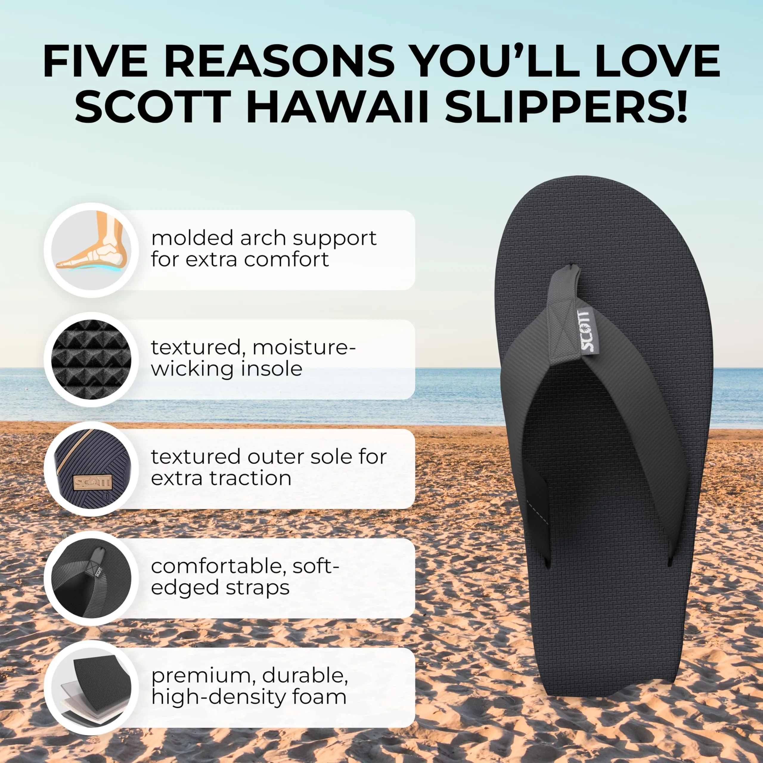 Scott Hawaii Makaha Flip Flop | Custom Molded Outsole with Arch Support | Podiatrist Recommended