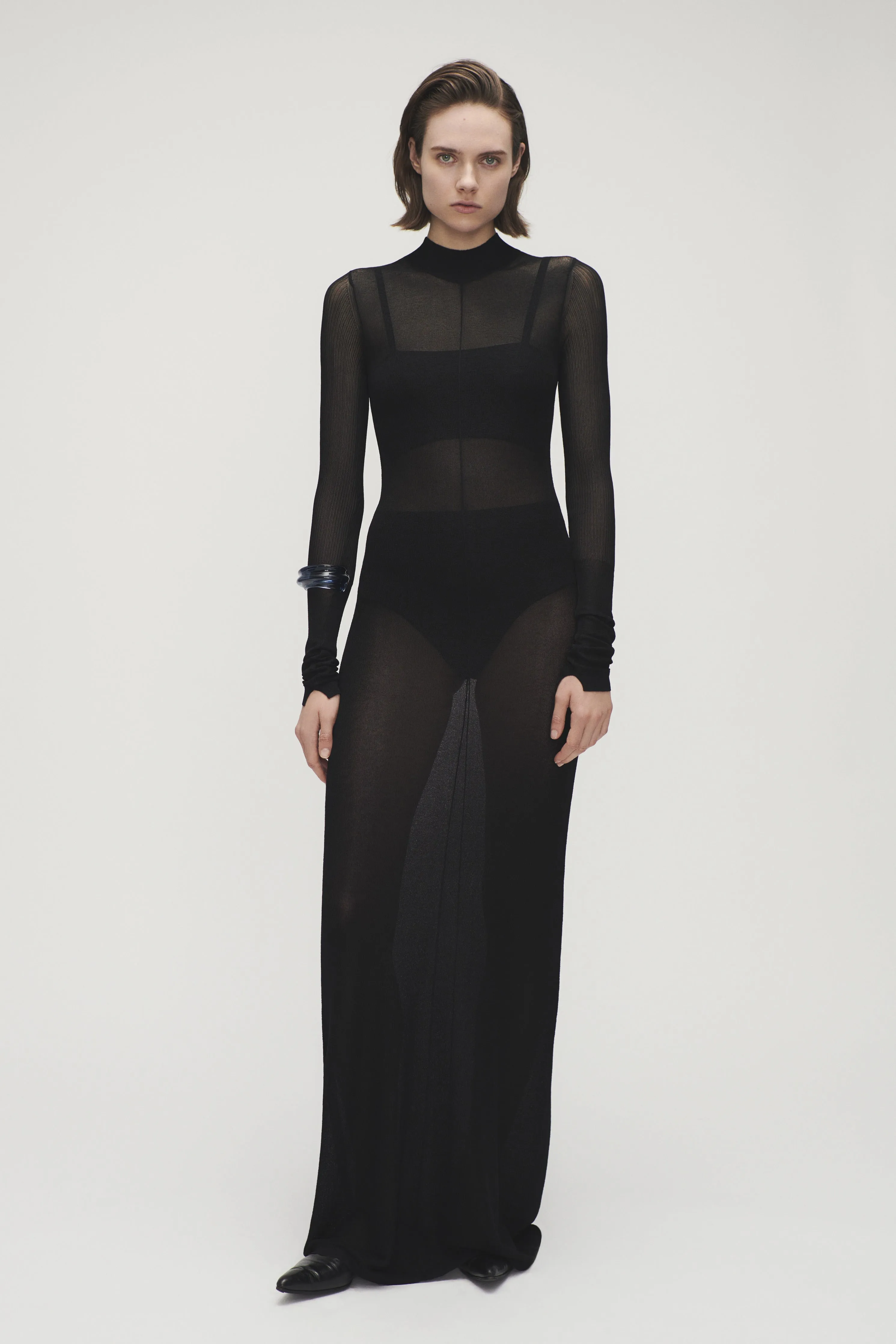 Sheer Mock Neck Dress in Black