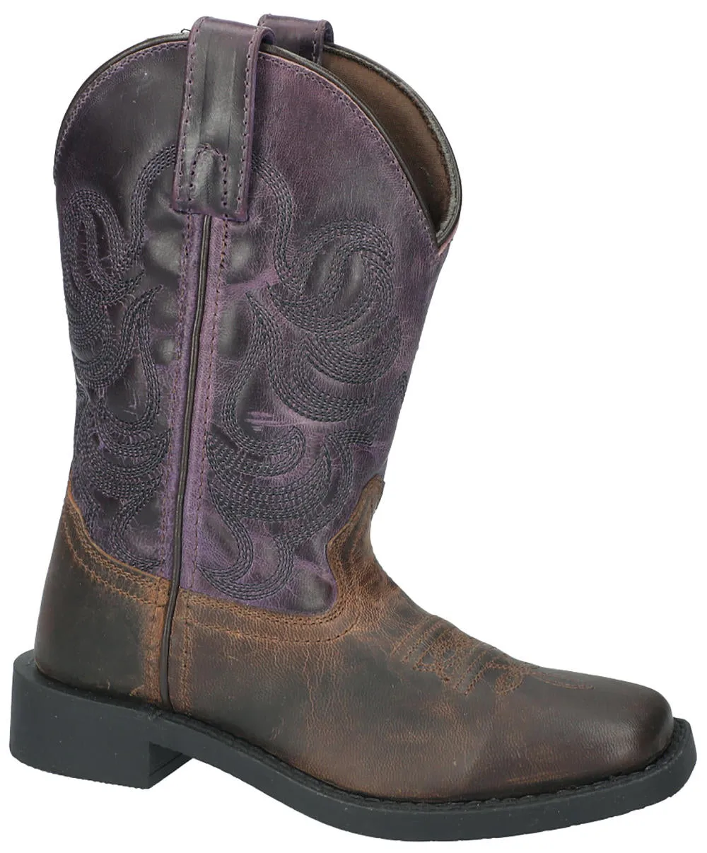Smoky Mountain Boots Distressed Brown Oil Square Toe Tuscon Boots with Dark Purple Tops for Kids