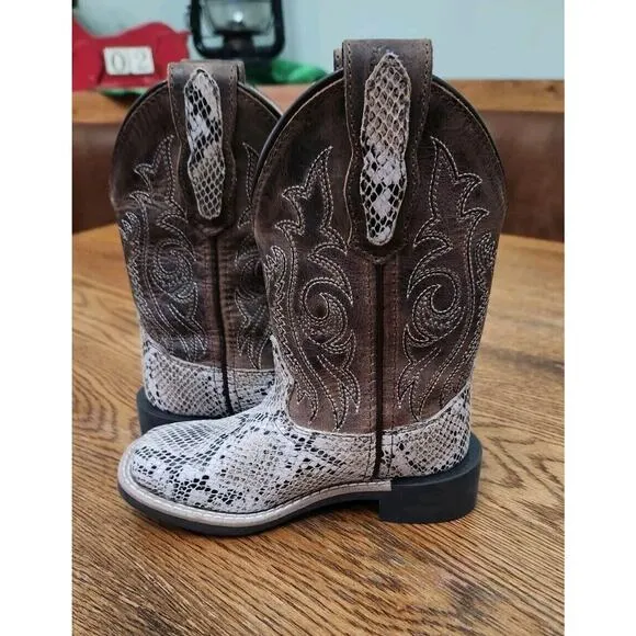 Smoky Mountain Youth Unisex Diamondback White/Brown Leather Cowboy Boots 9